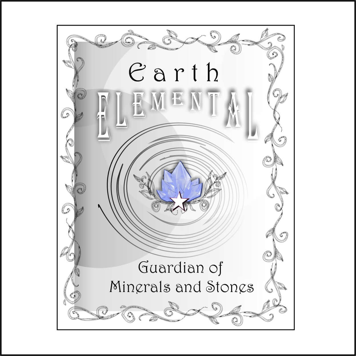View of accompanying authenticity card that says earth elemental, guardian of minerals and stones.