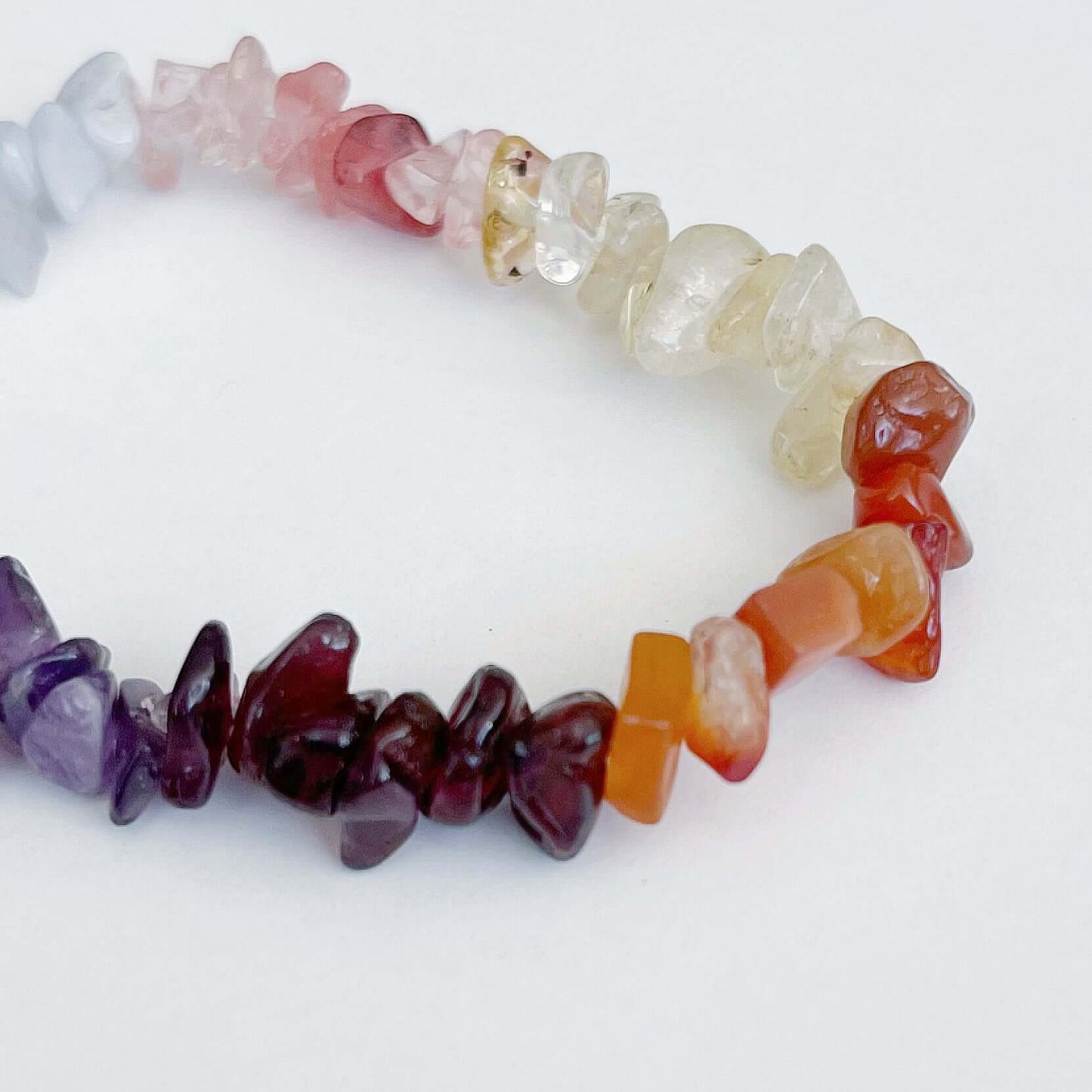 Detail view of the tumbled semi-precious stones, chakra colours.