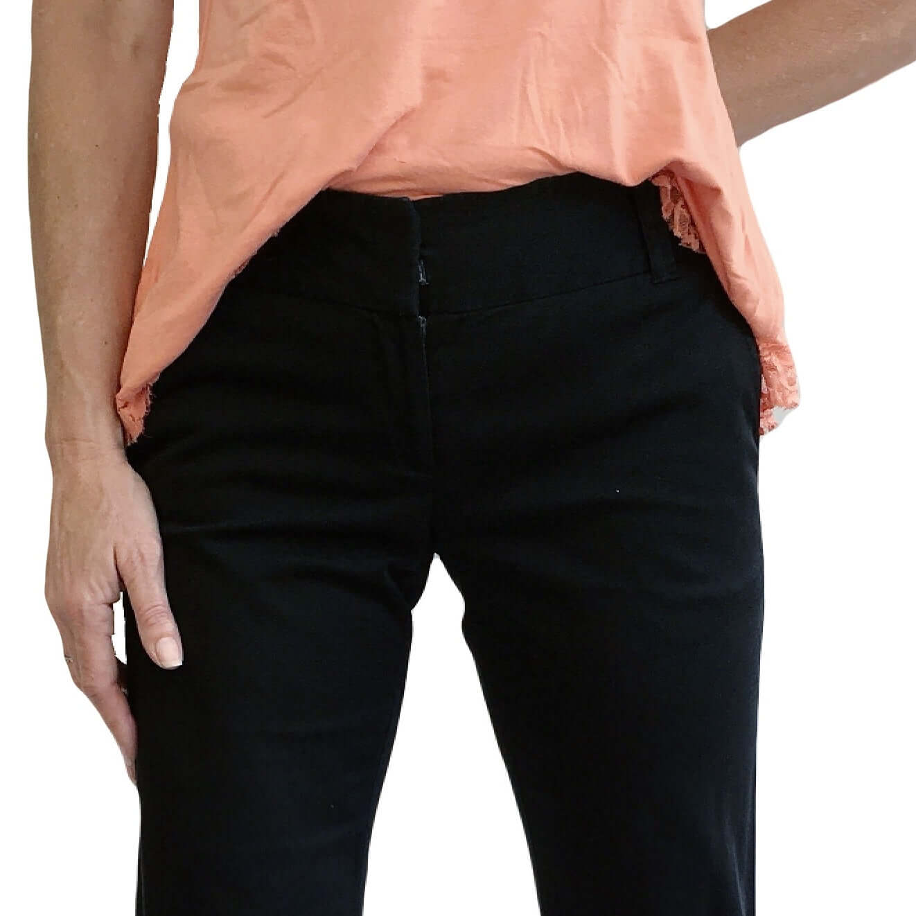 Front detail view of pants, wide waist band, hook and bar closure with zip.