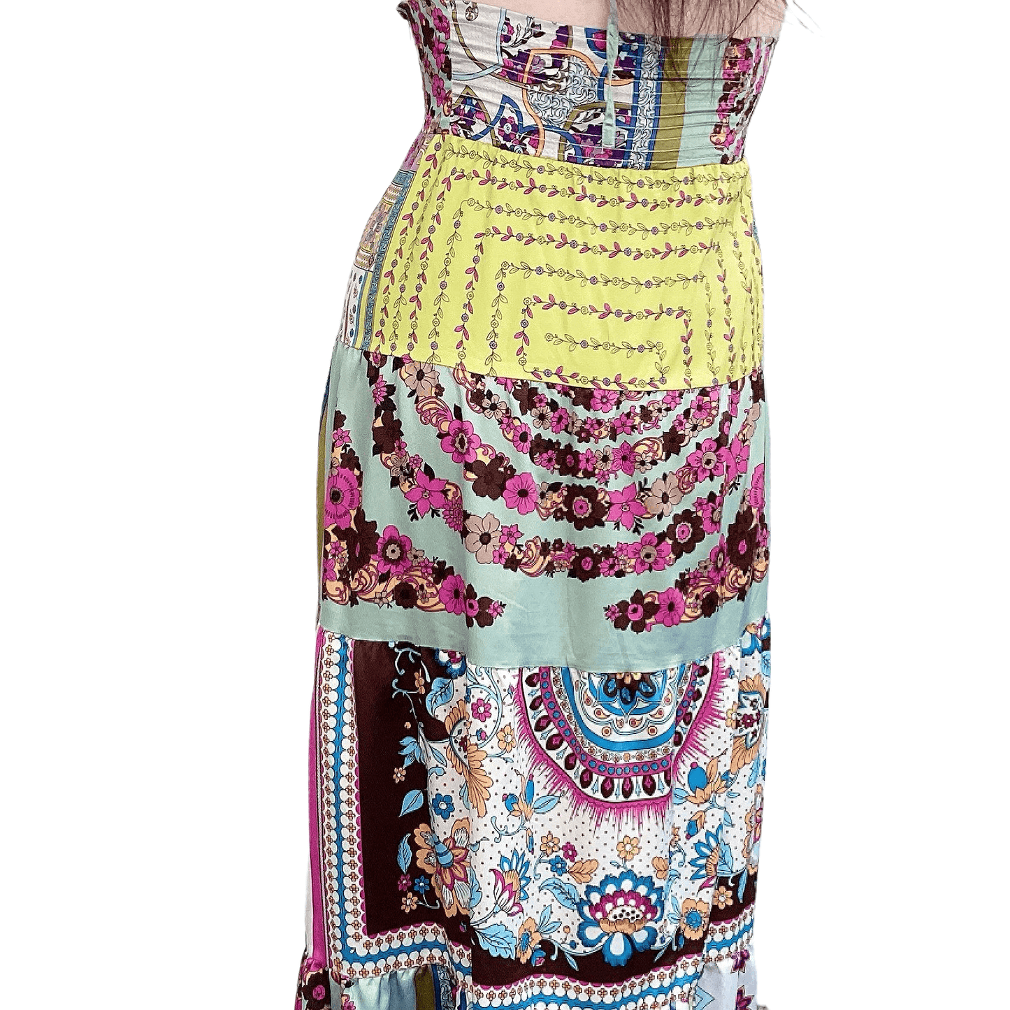 Back view of long satin floral patchwork dress, multi color floral patterns, ruched back.