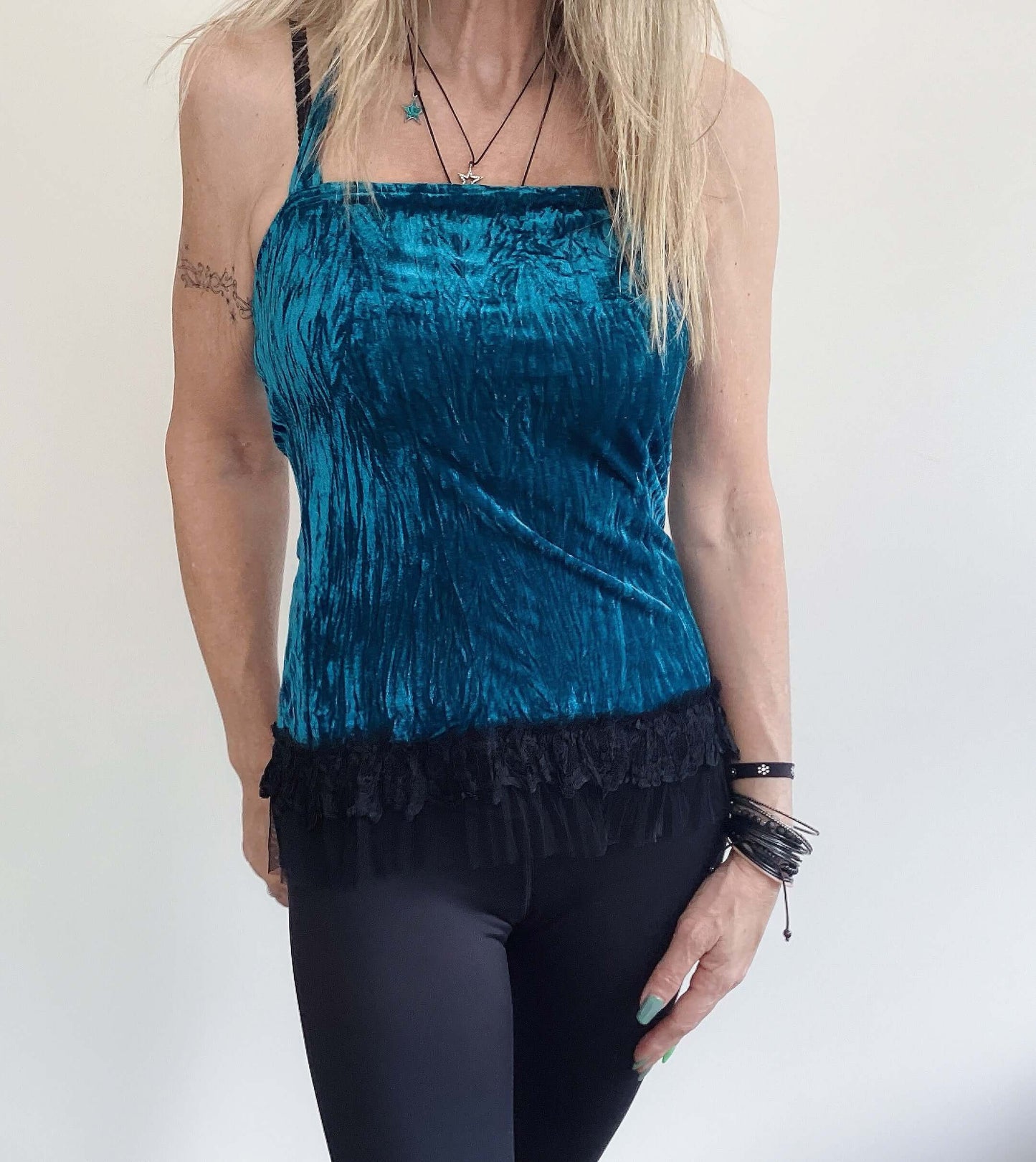 Teal Crinkled Velvet Stretch Halter Top