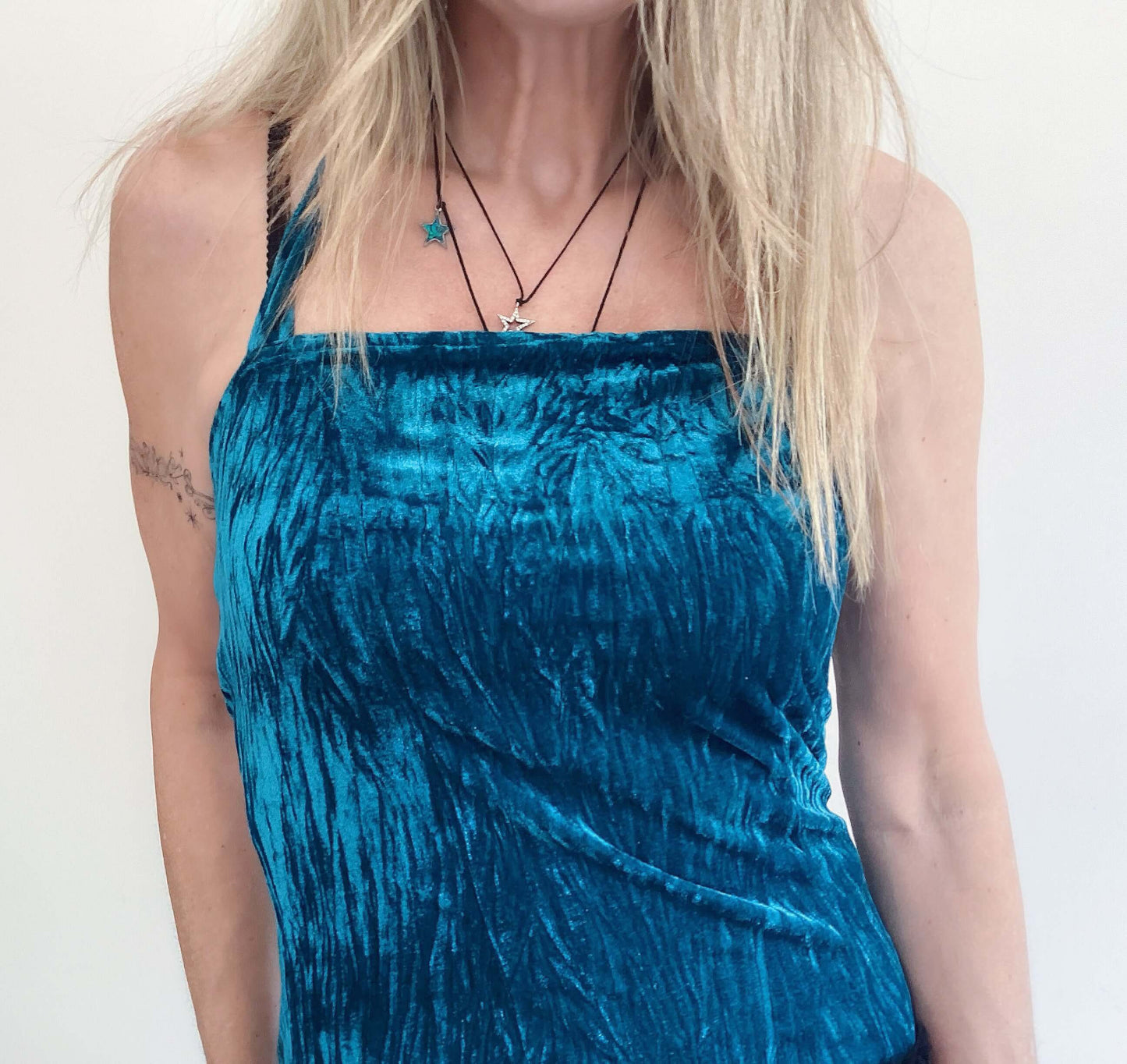 Teal Crinkled Velvet Stretch Halter Top