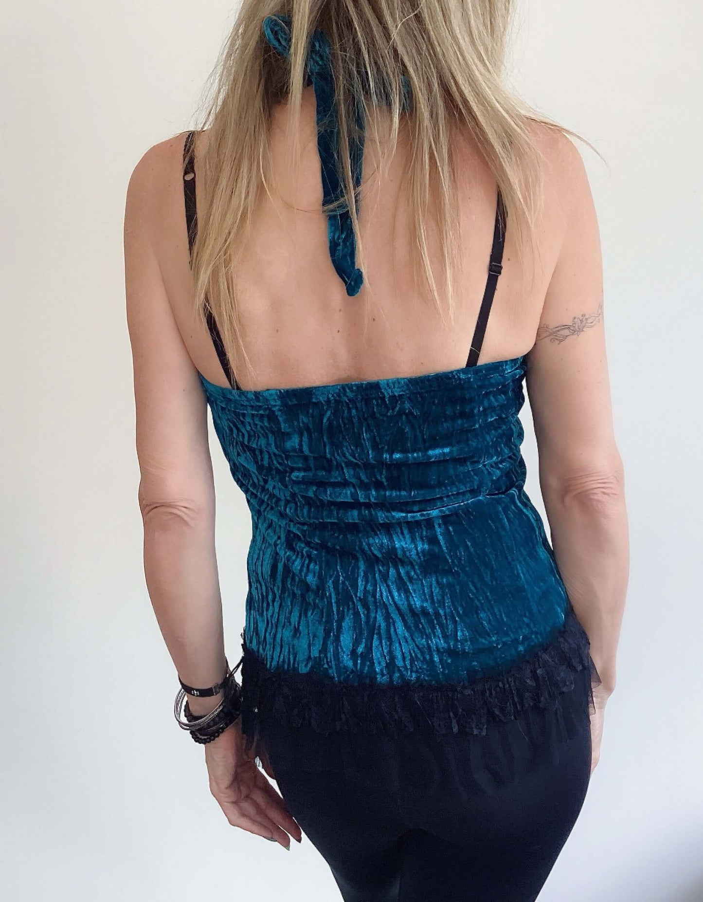 Teal Crinkled Velvet Stretch Halter Top