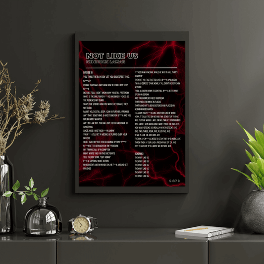 Kendrick Lamar Not Like Us lyrics with red smoke on black background. Print is on black frame on black wall.