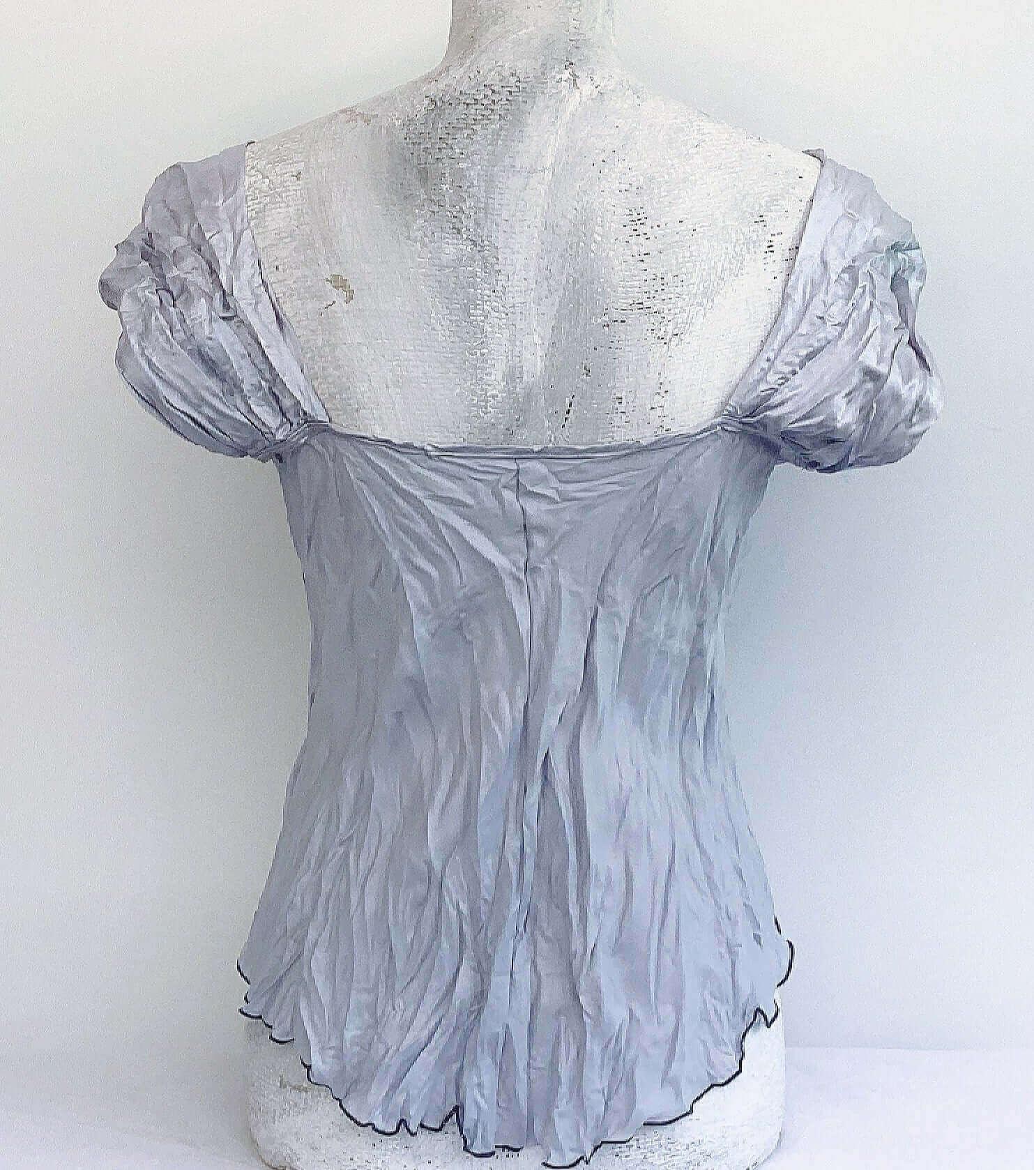 Back view of camisole, showing plain grey hammered satin bodice and straps, rolled hem.