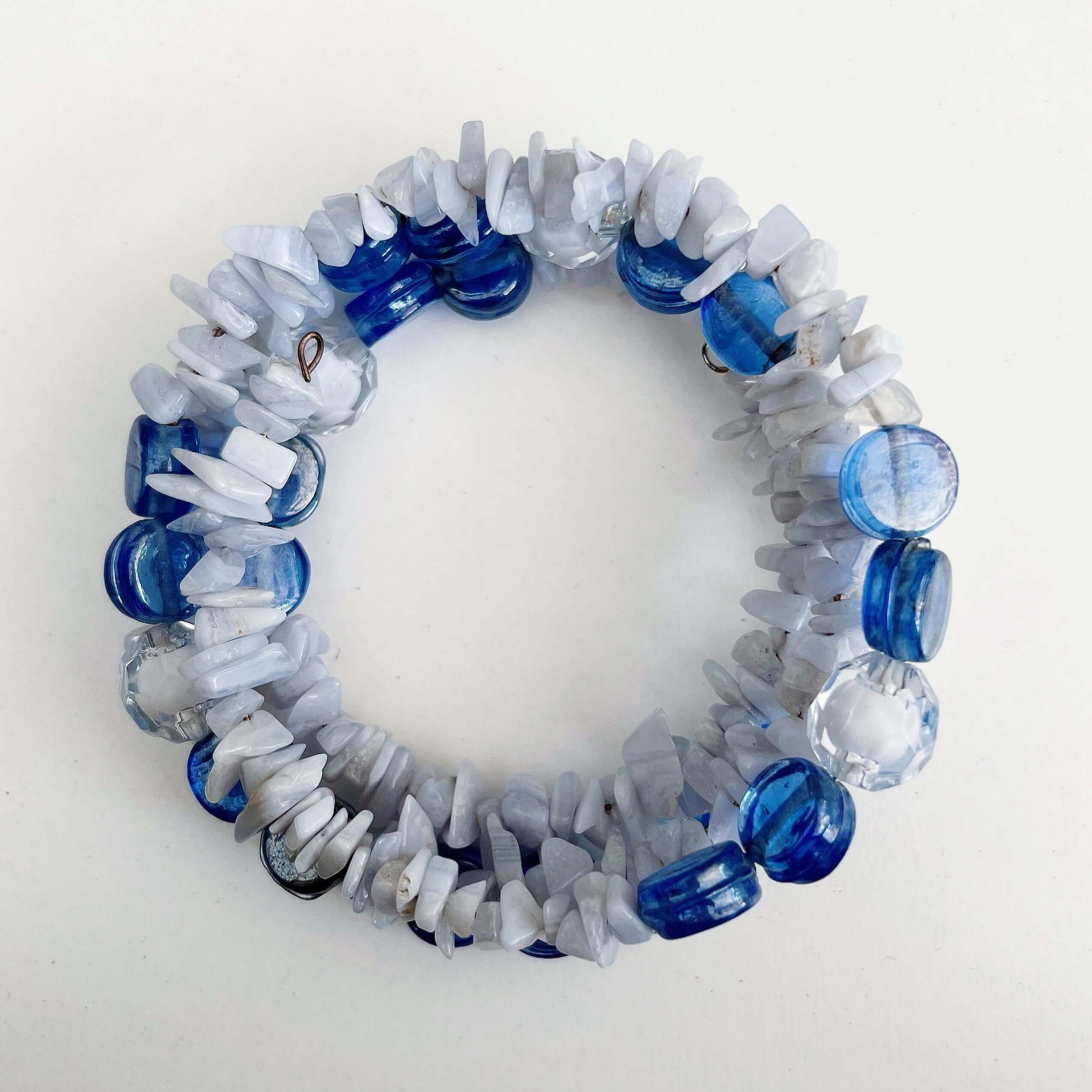 Top view of Blue Lace Agate spiral bracelet.