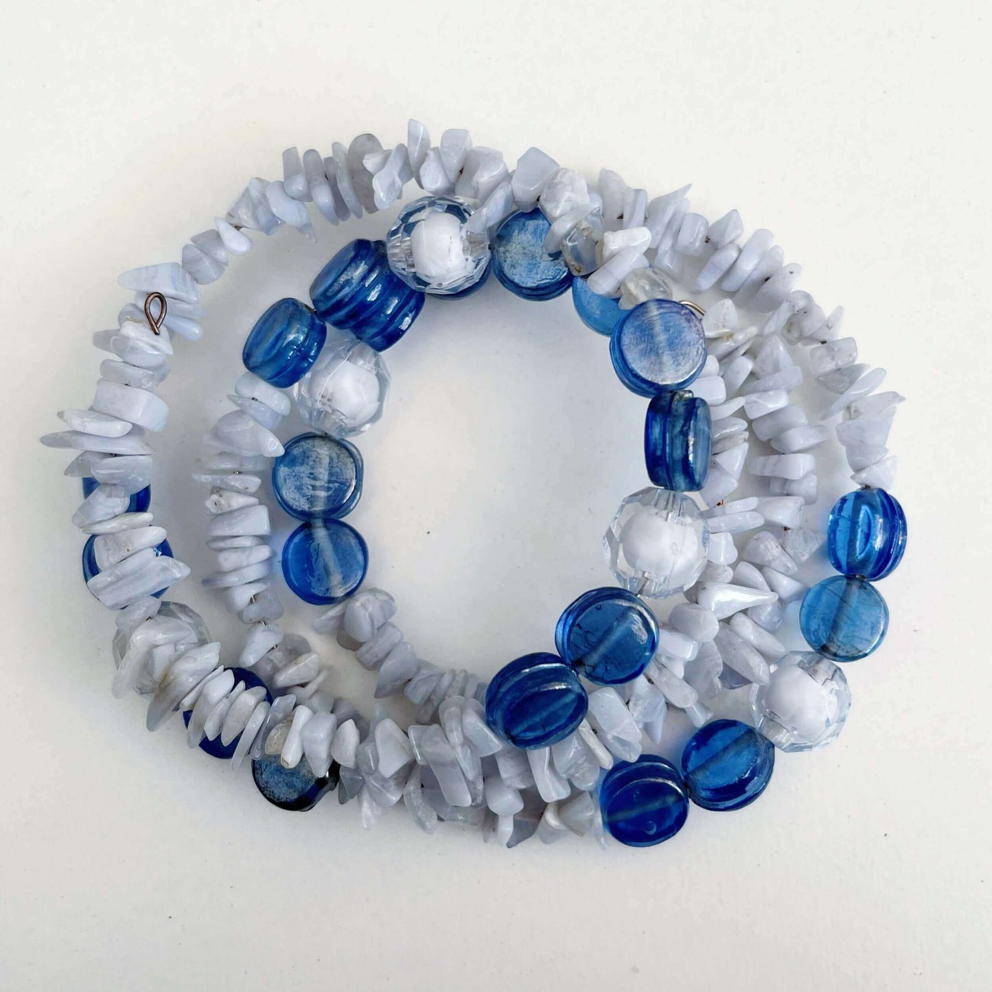 Top view of Blue Lace Agate spiral bracelet.