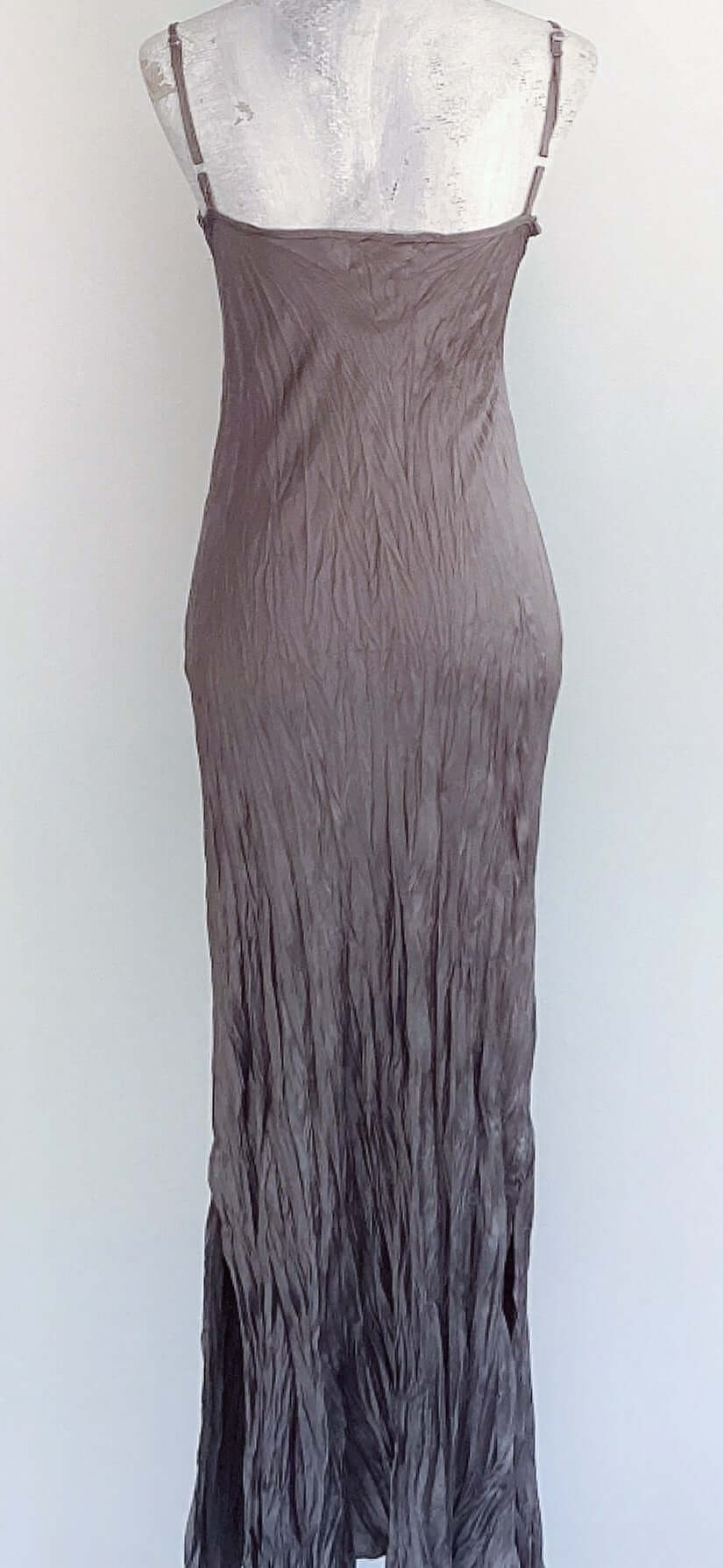 Back view of the dress, which is a single color dusty brown matt satin.