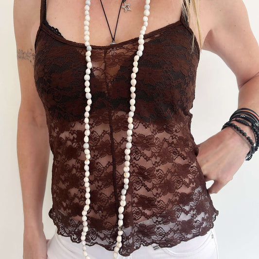 Front view of fitted brown stretch lace cami, waist length.