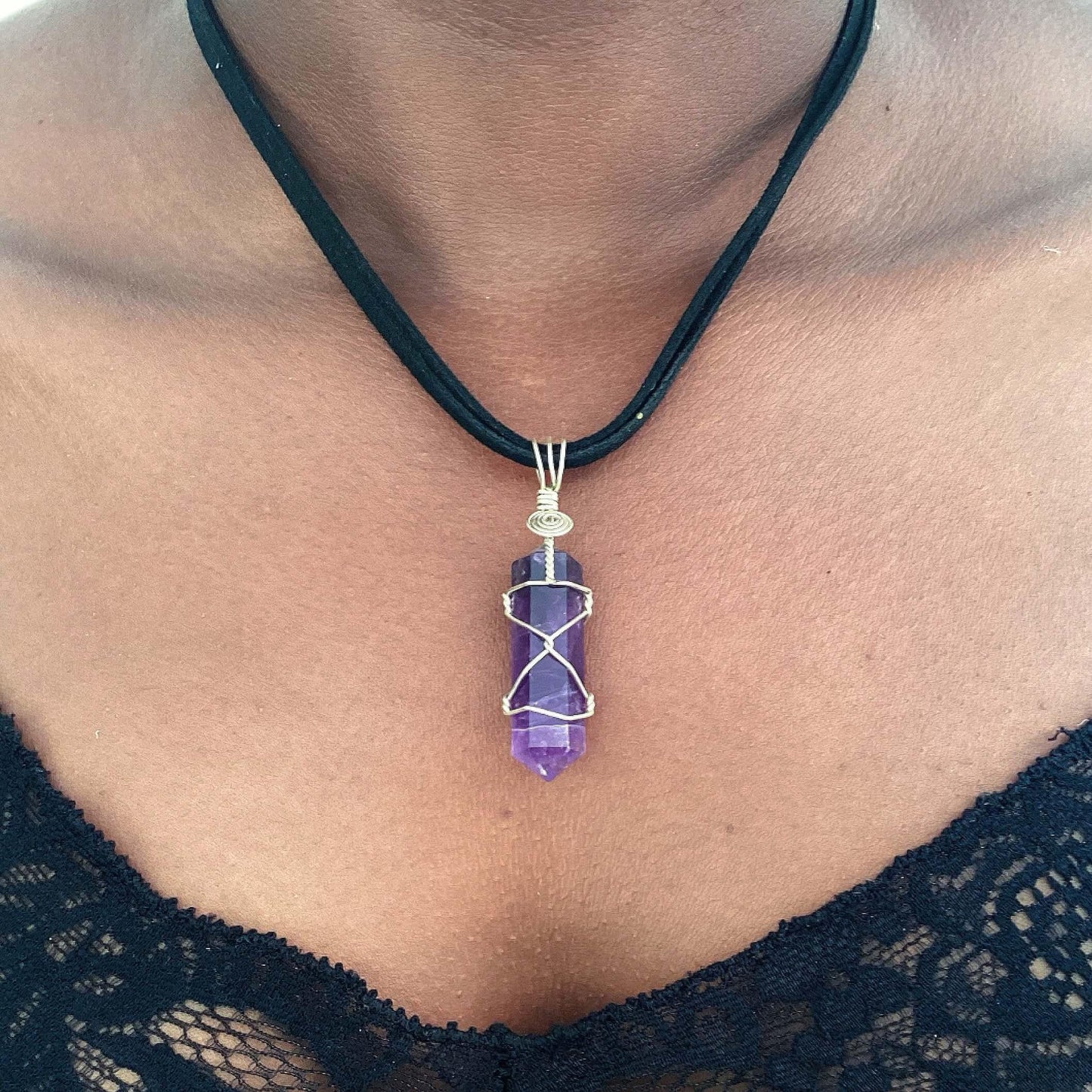 Amethyst Pendant On Black Leather Choker - Forest Life