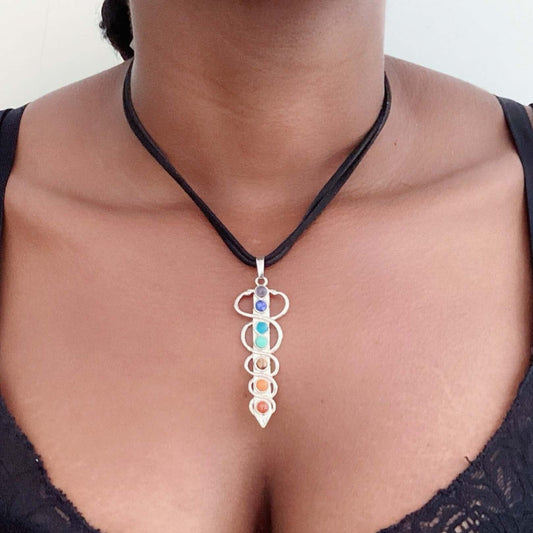 View of chakra colored stones in vertical carduceus design on choker.