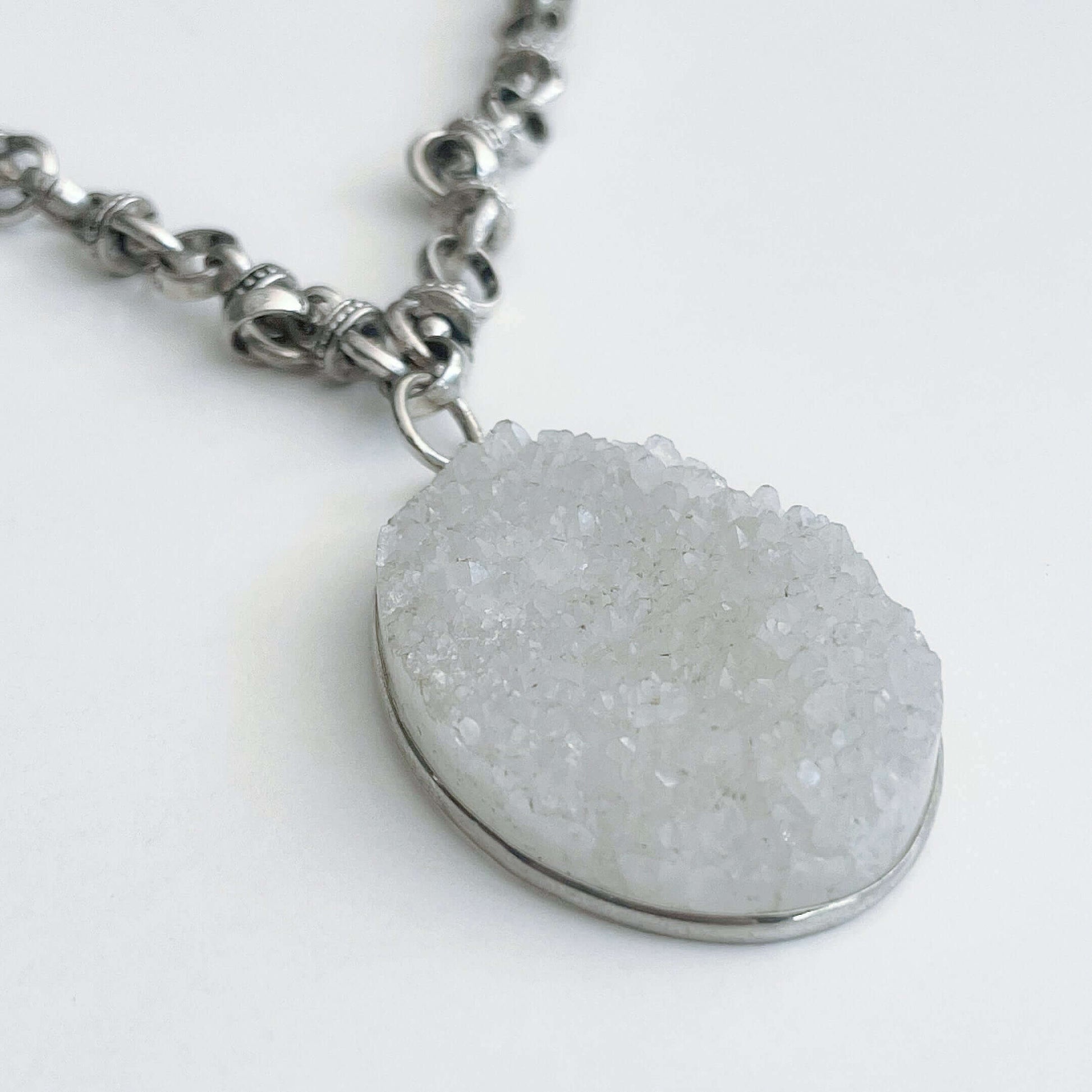 Detail view of the Clear Quartz Geode pendant.