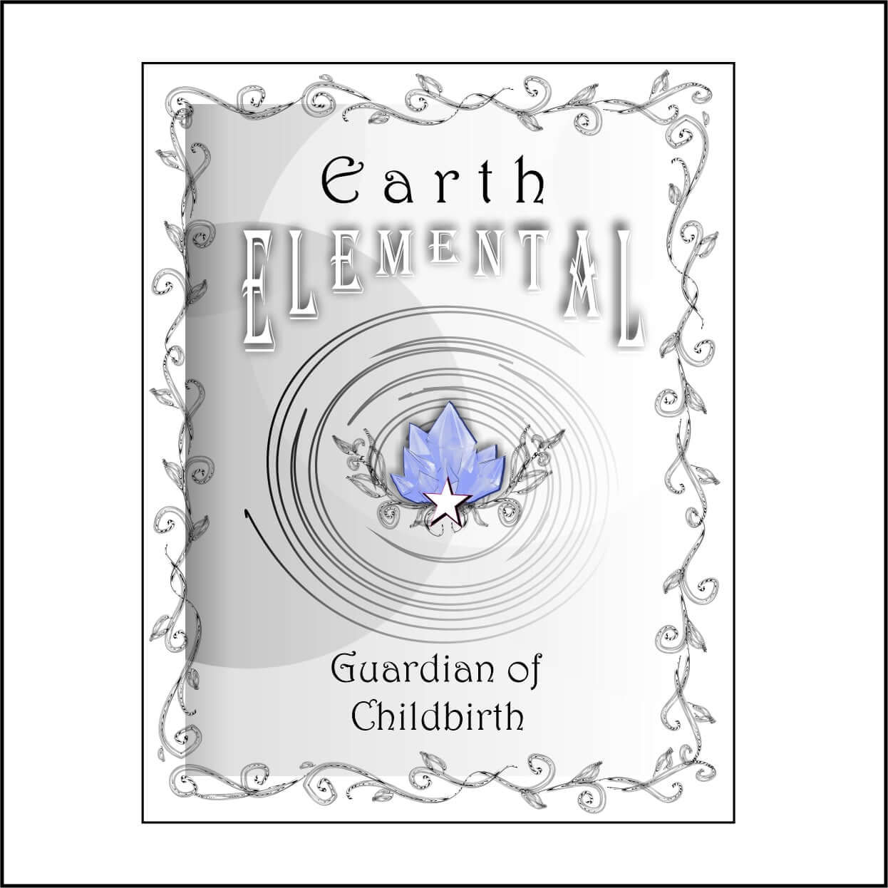 View of accompanying authenticity card that says earth elemental, guardian of childbirth.