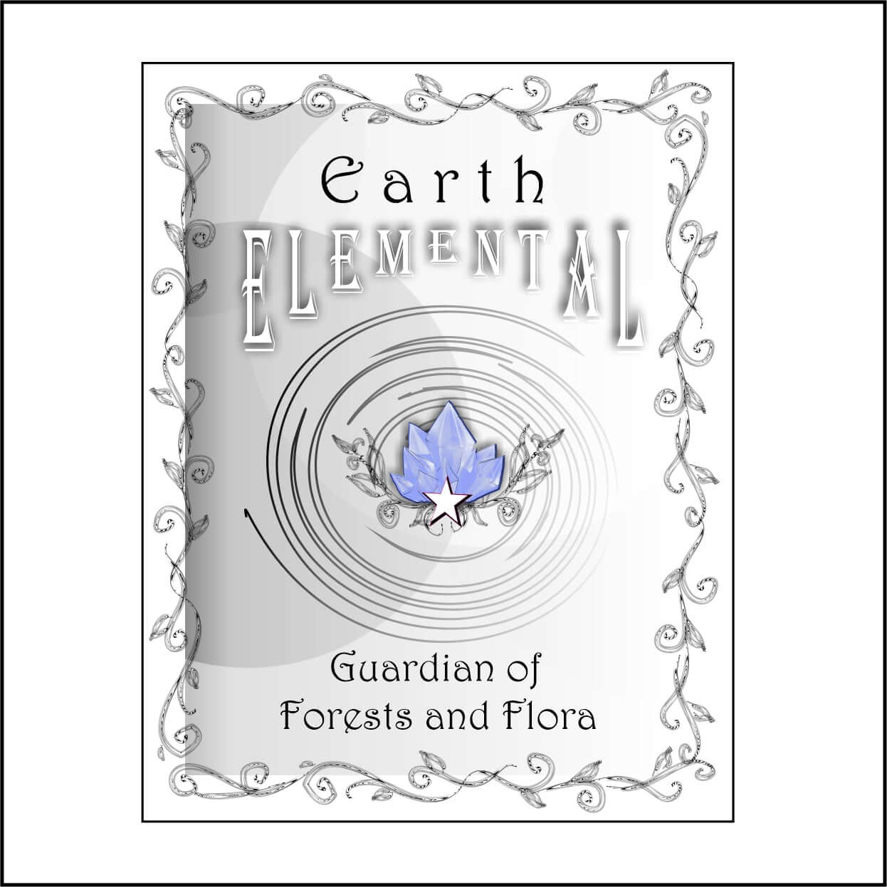 View of accompanying authenticity card that says earth elemental, guardian of forests and flora.