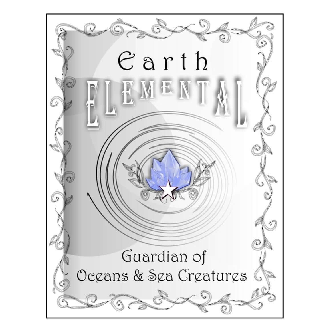 View of accompanying authenticity card that says earth elemental, guardian of oceans and sea creatures.