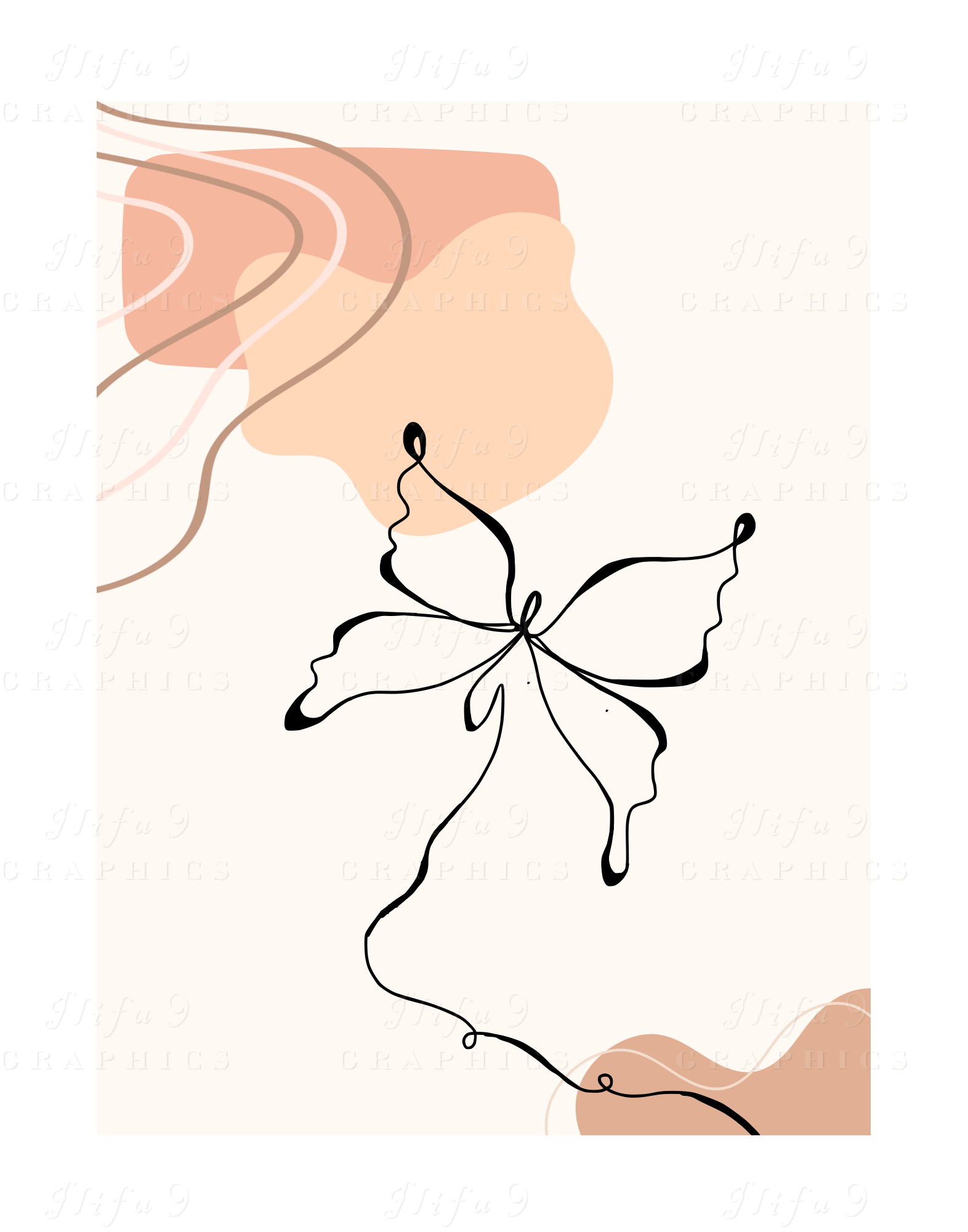 Single butterfly with open wings on boho background of wave patterns in beiges and peaches with ilifu 9 graphics watermarking