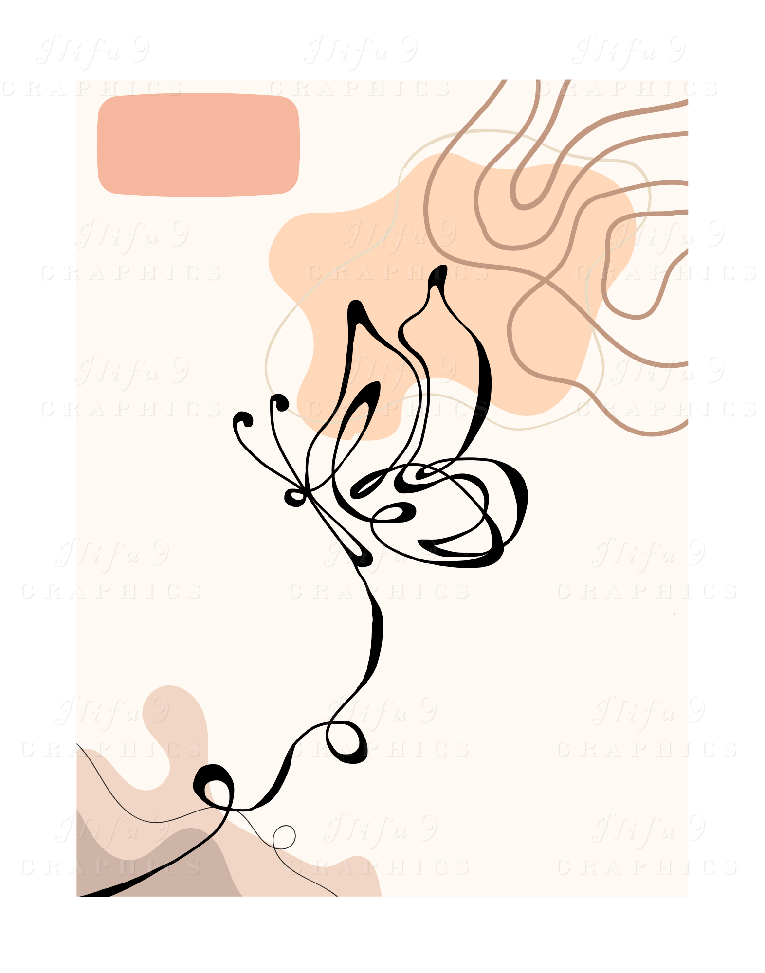 Left-facing butterfly with closed wings in black on boho background of peach and beige wave patterns watermarked.