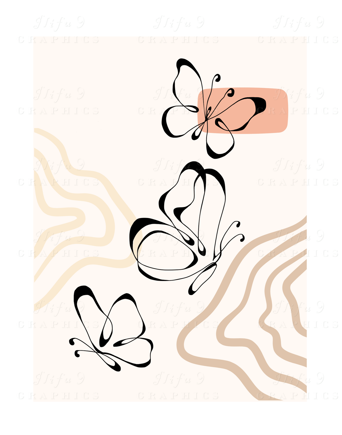 Three black line art butterflies on wave pattern boho background in peaches and beige with ilifu 9 graphics watermarking.