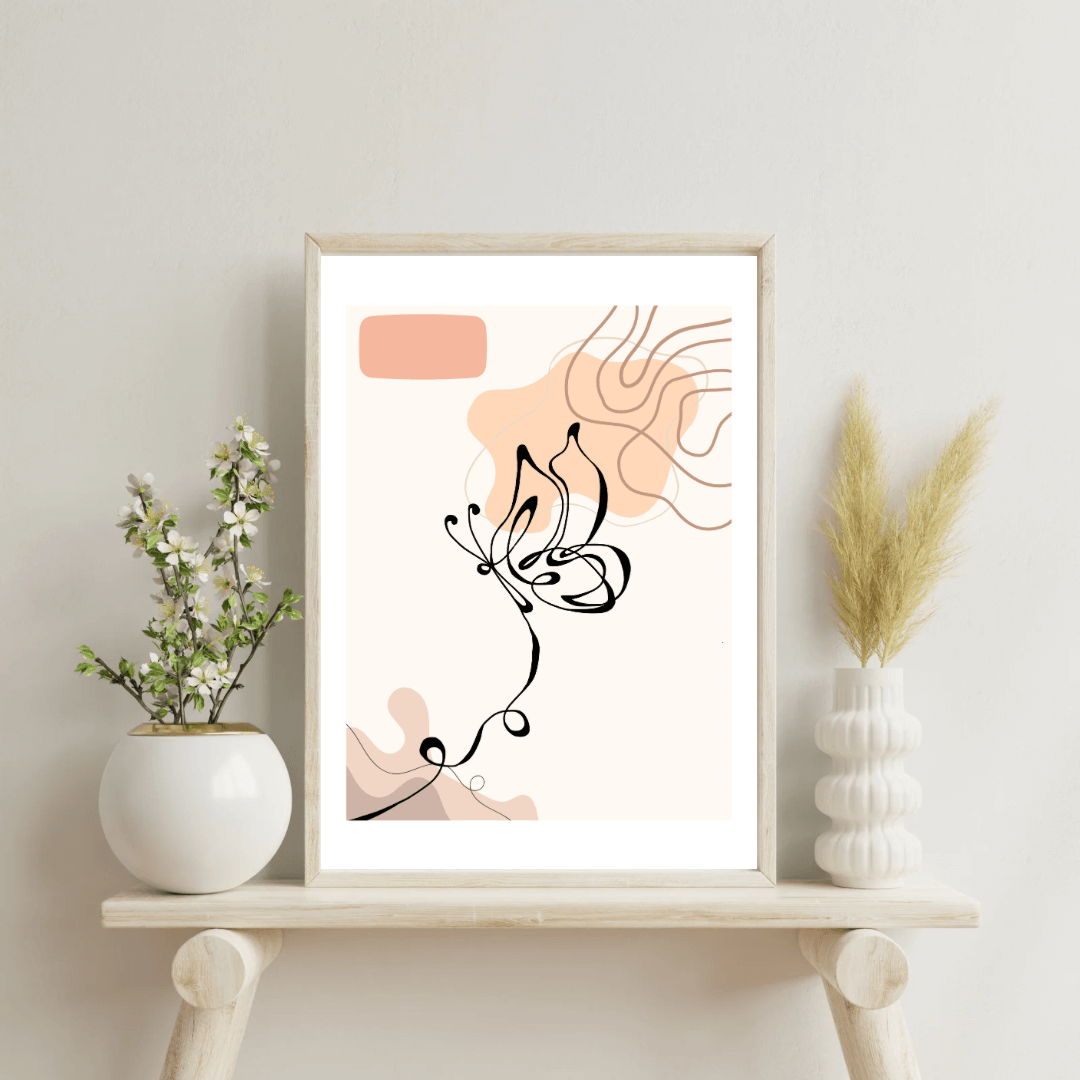 Left-facing butterfly with closed wings in black on boho background of peach and beige wave patterns in white frame on wall.