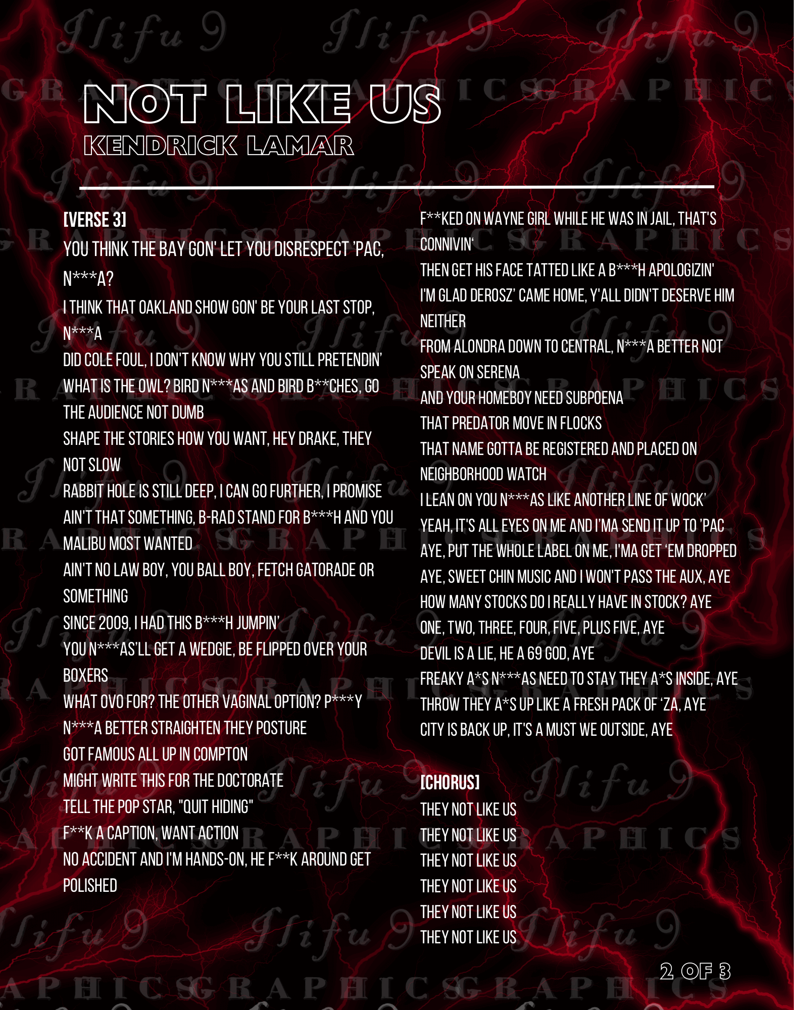 Kendrick Lamars Not Like Us lyrics with red smoke on black background, ilifu 9 graphics watermarking throughout