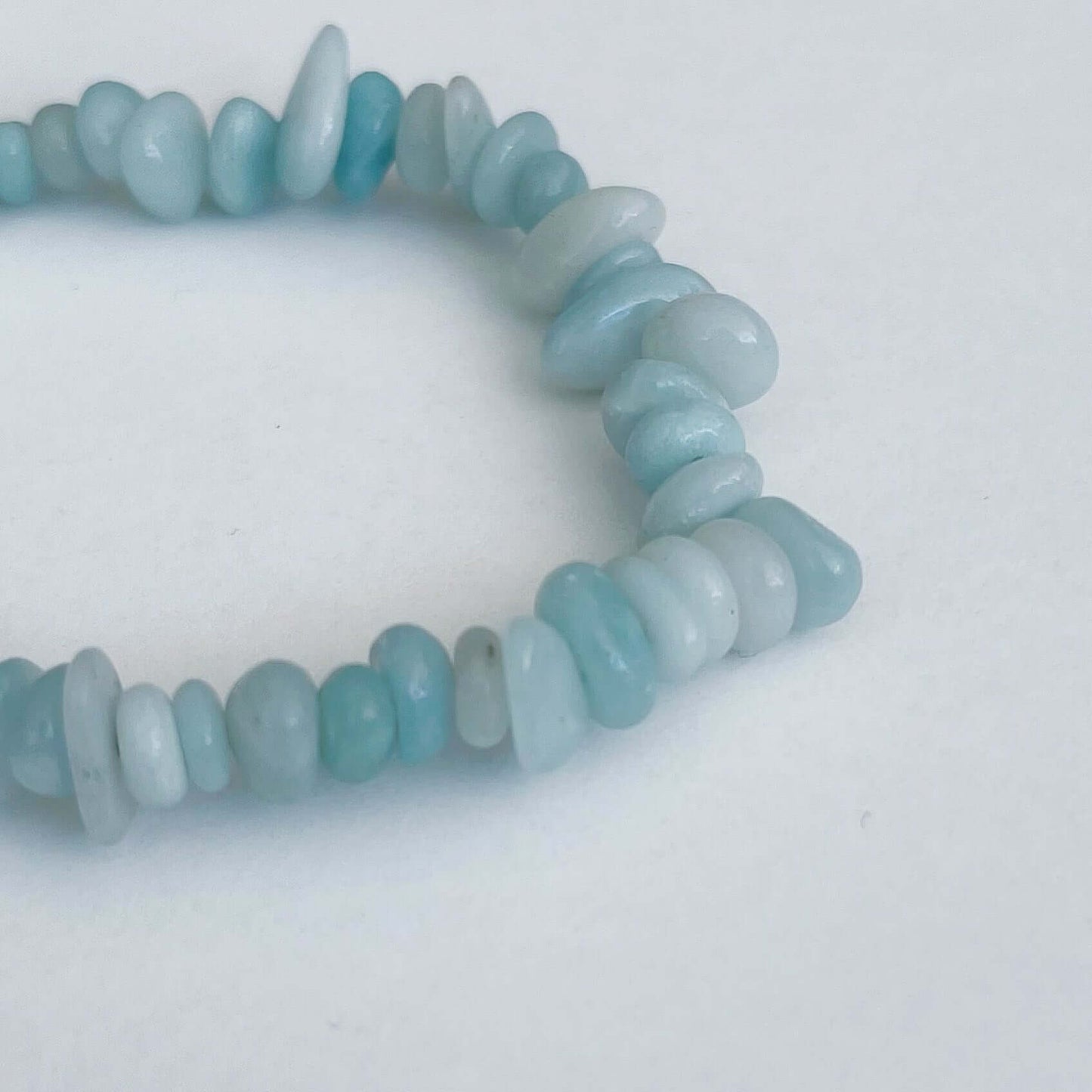 Detail view of the tumbled semi-precious stones, subtle shades of aquamarine.