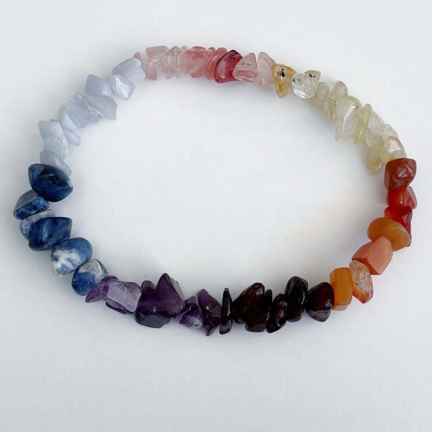 Detail view of the tumbled semi-precious stones, chakra colours.