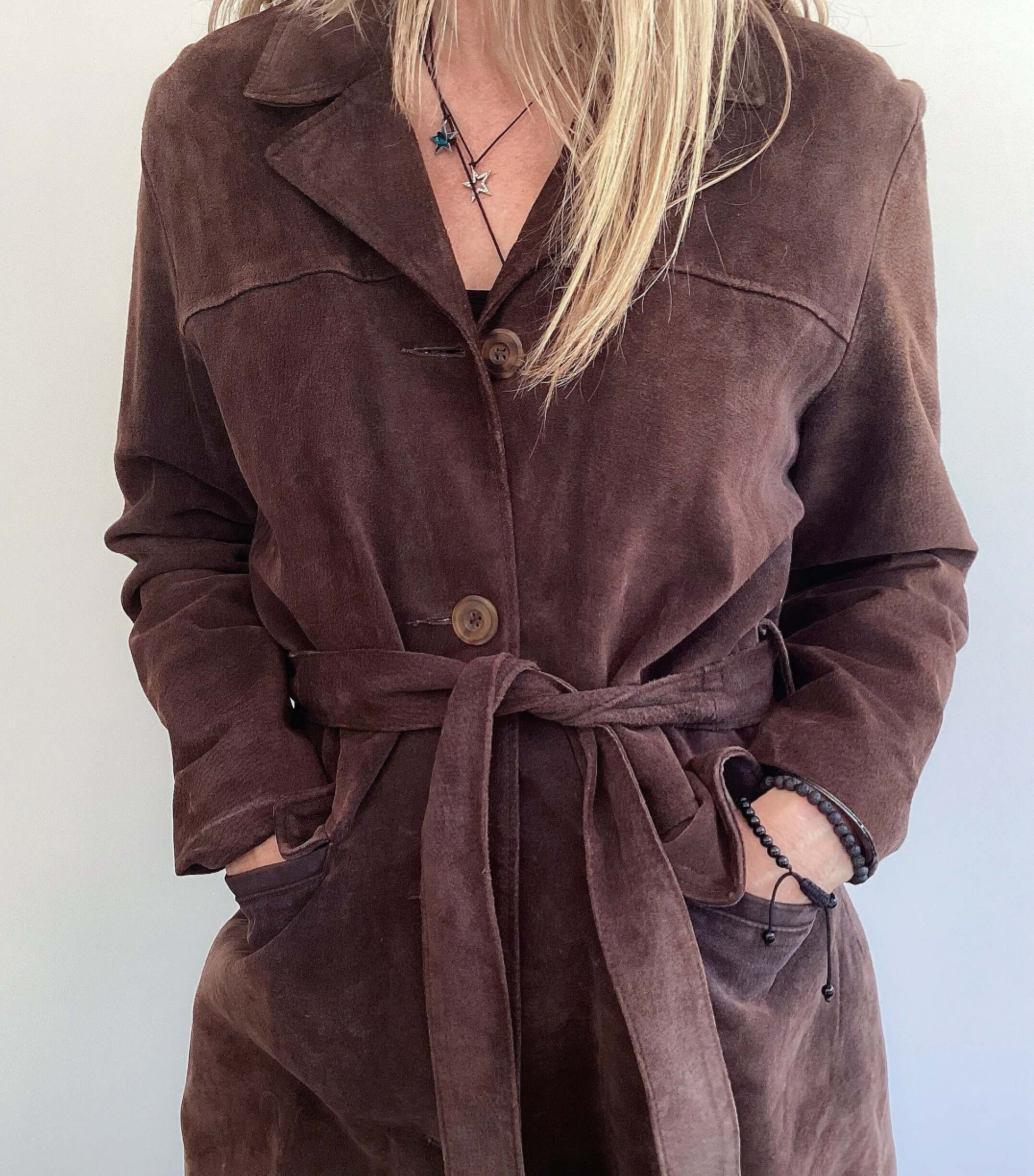 Front detail of chocolate brown button up suede jacket, mid thigh length, with belt and front pockets.