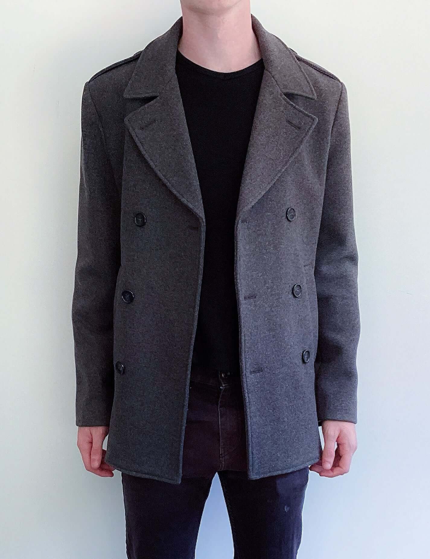 Grey wool formal coat, double-breasted, dark grey buttons, front view.