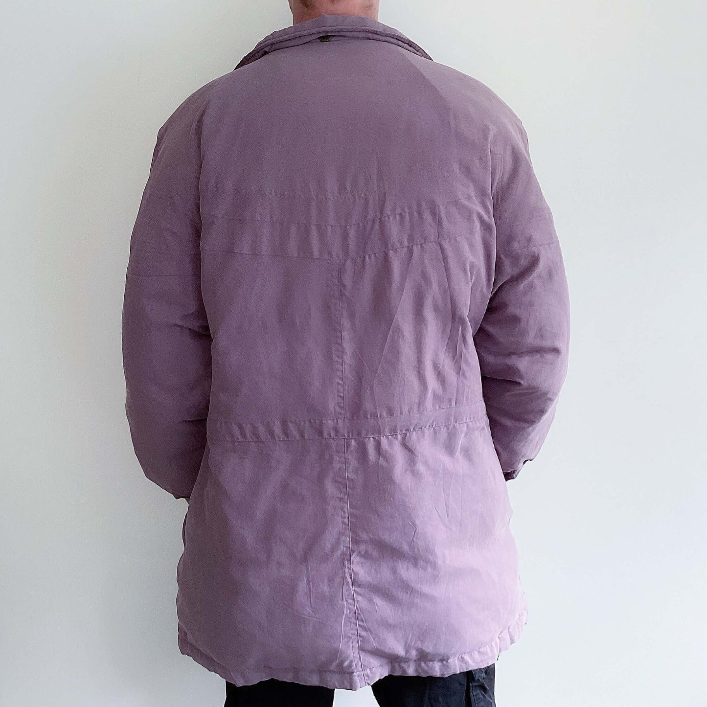 Back view of dusty purple snow jacket, mid thigh. 