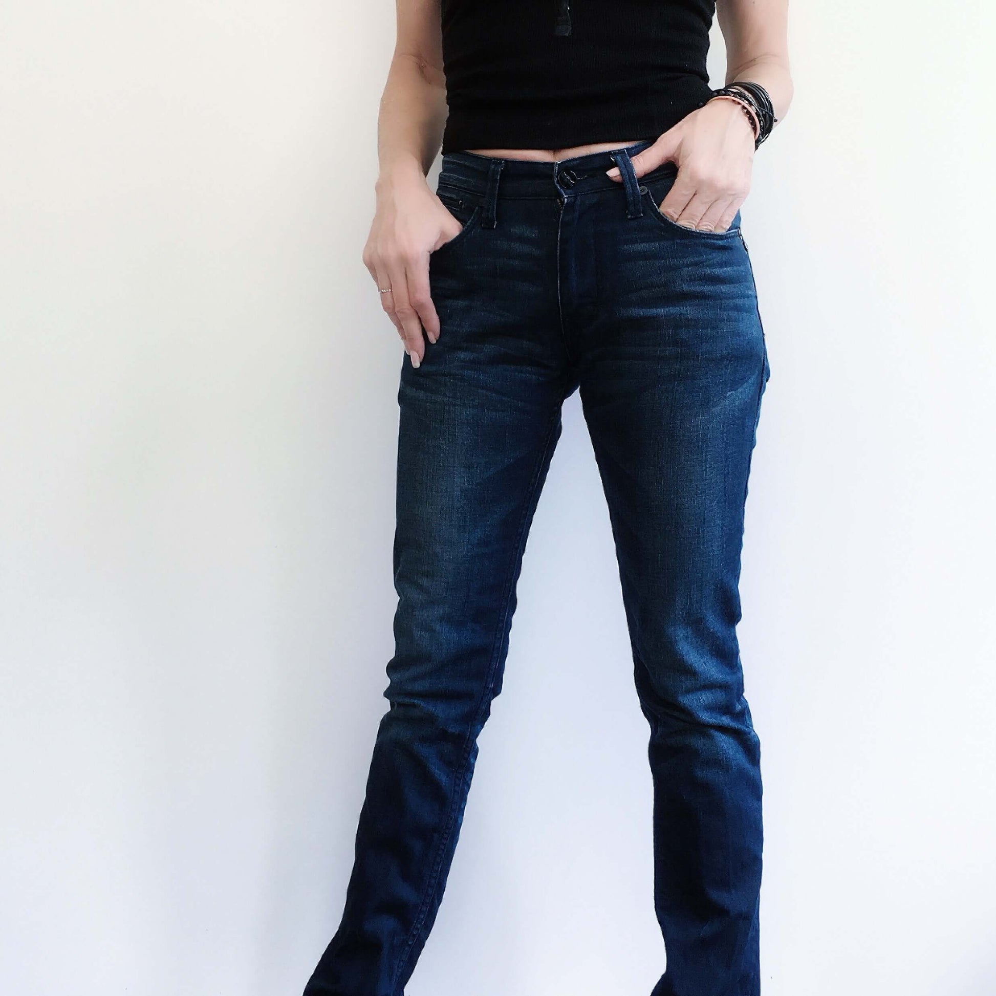 Front view of dark blue jeans, full length pic hands in pockets.