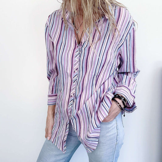 Striped ladies collar shirt in purple, turquoise and white, button down, front view.