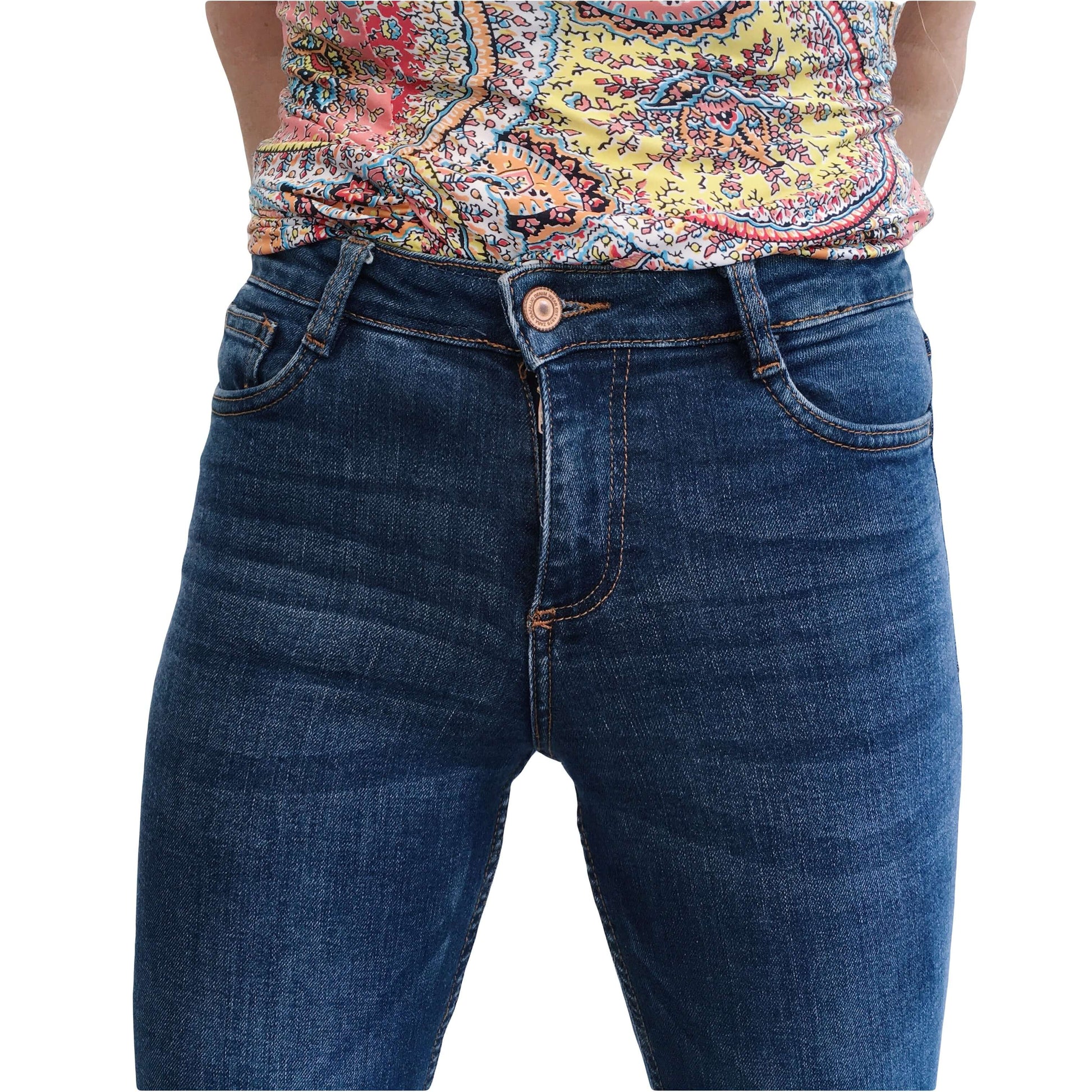 Detailed front view of unform color navy blue jeans.