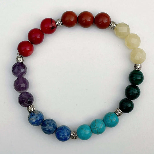 Top view of bracelet showing in sets of 3 beads: Red Jasper, Coral, Amethyst, Sodalite, Blue Howlite, Malachite, Rose Quartz.