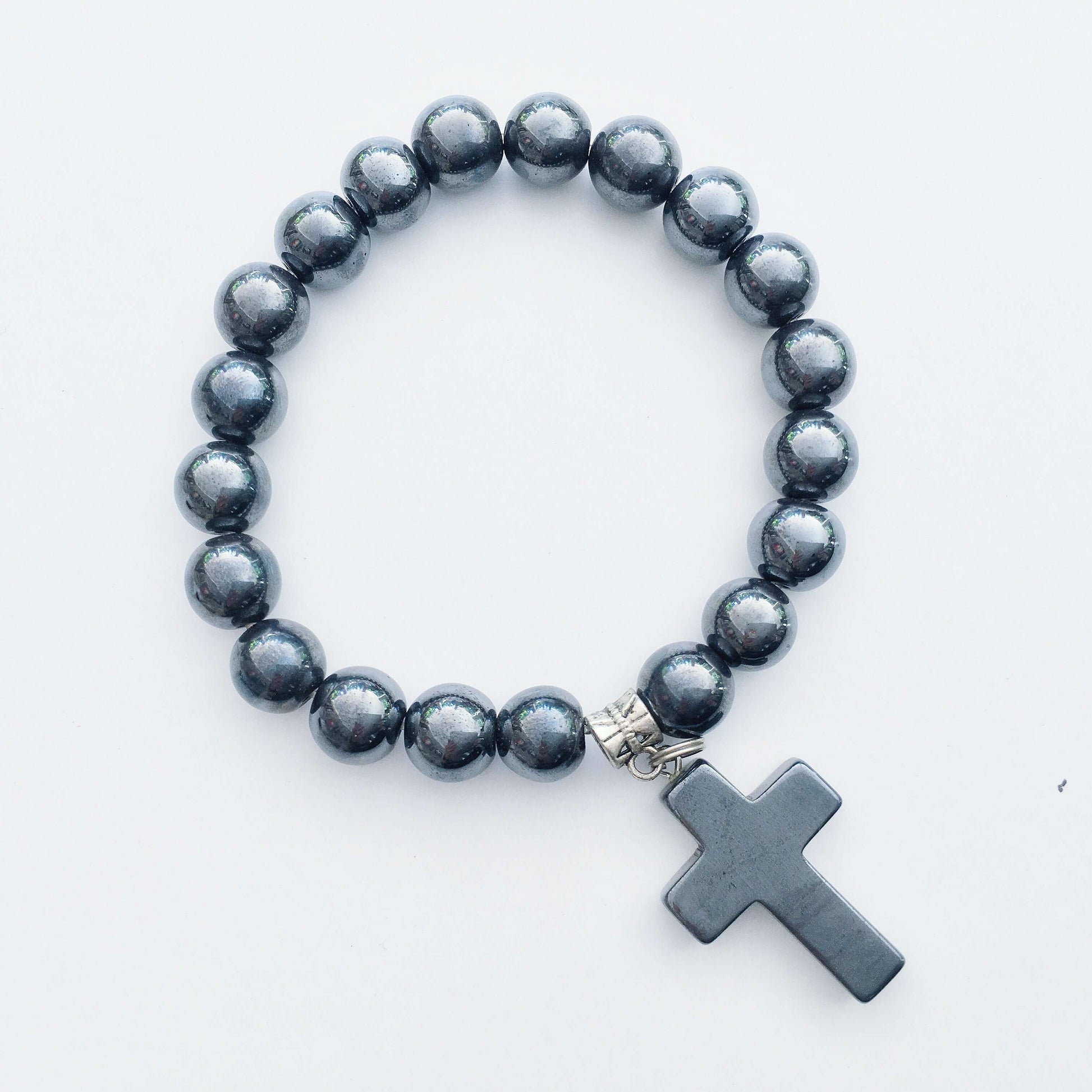 Top view of beaded bracelet with matching Hematite cross.