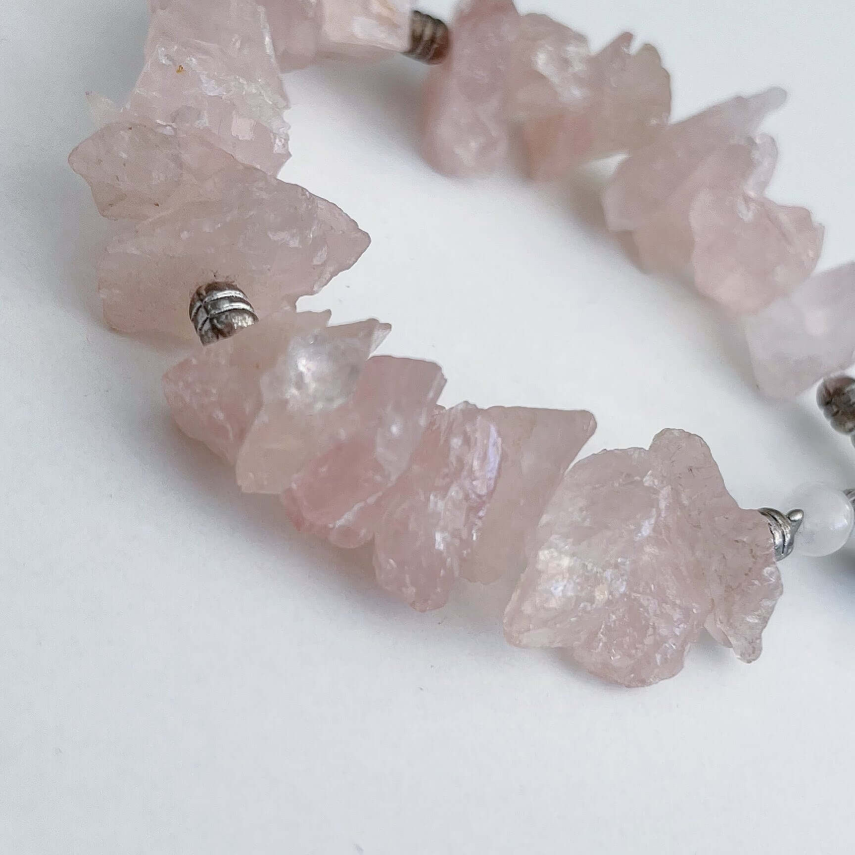 Top view of the rough Rose Quartz bracelet.