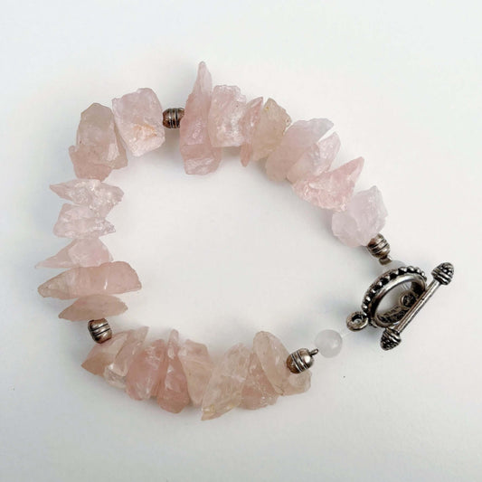 Top view of the rough Rose Quartz bracelet.