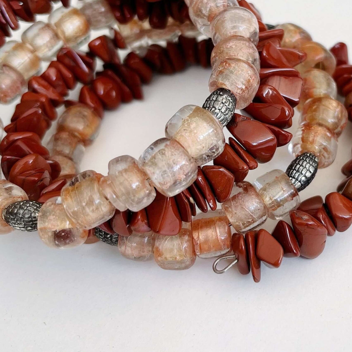 Detail view of Red Jasper spiral bracelet.