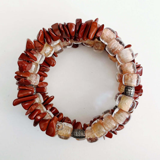 Top view of Red Jasper spiral bracelet.