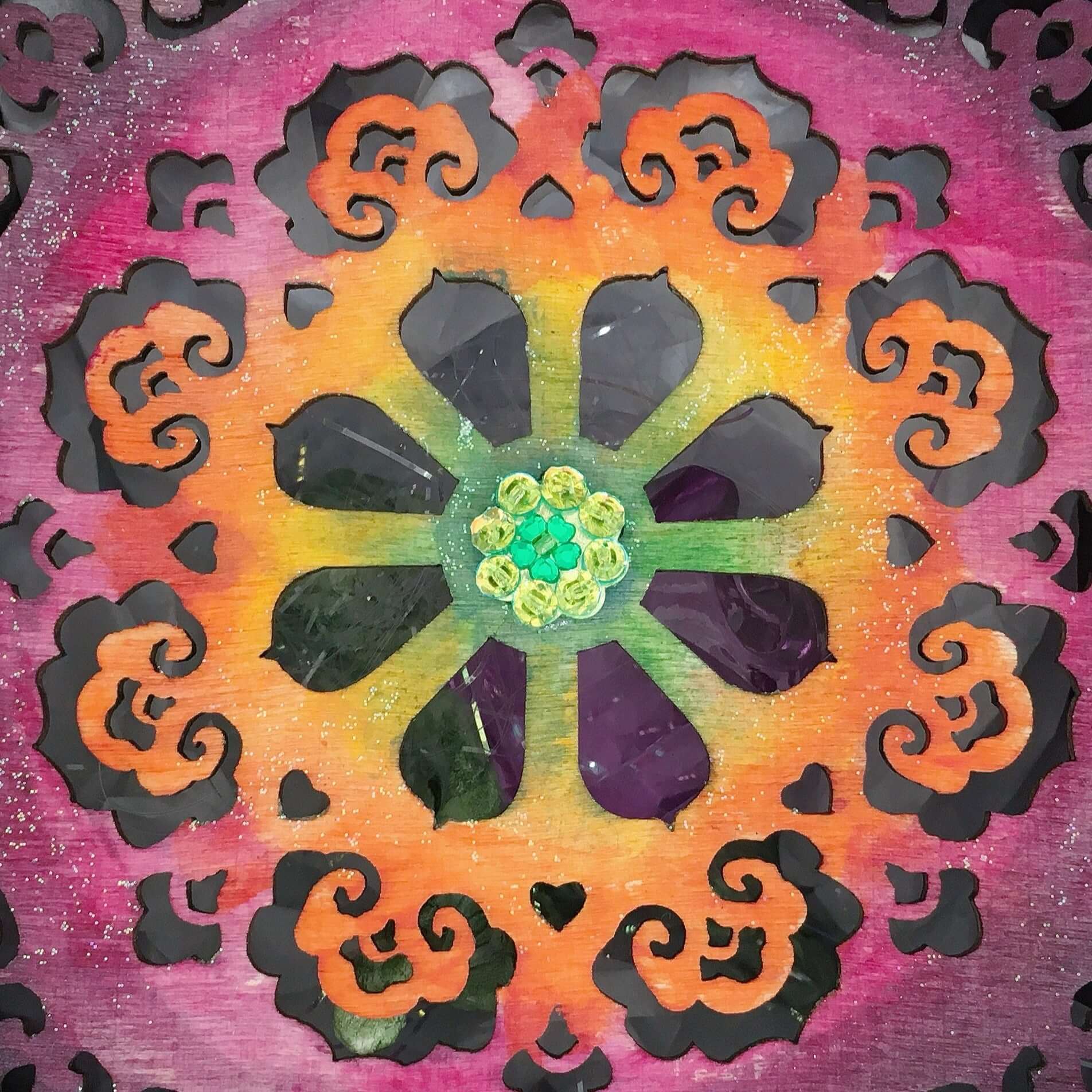 Detail view of rainbow painting fading from pink to green.