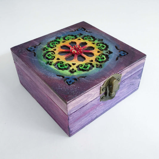 Outside view painted purple box, blending into rainbow shades on laser-cut lid, in ornate circular pattern, metal clasp.