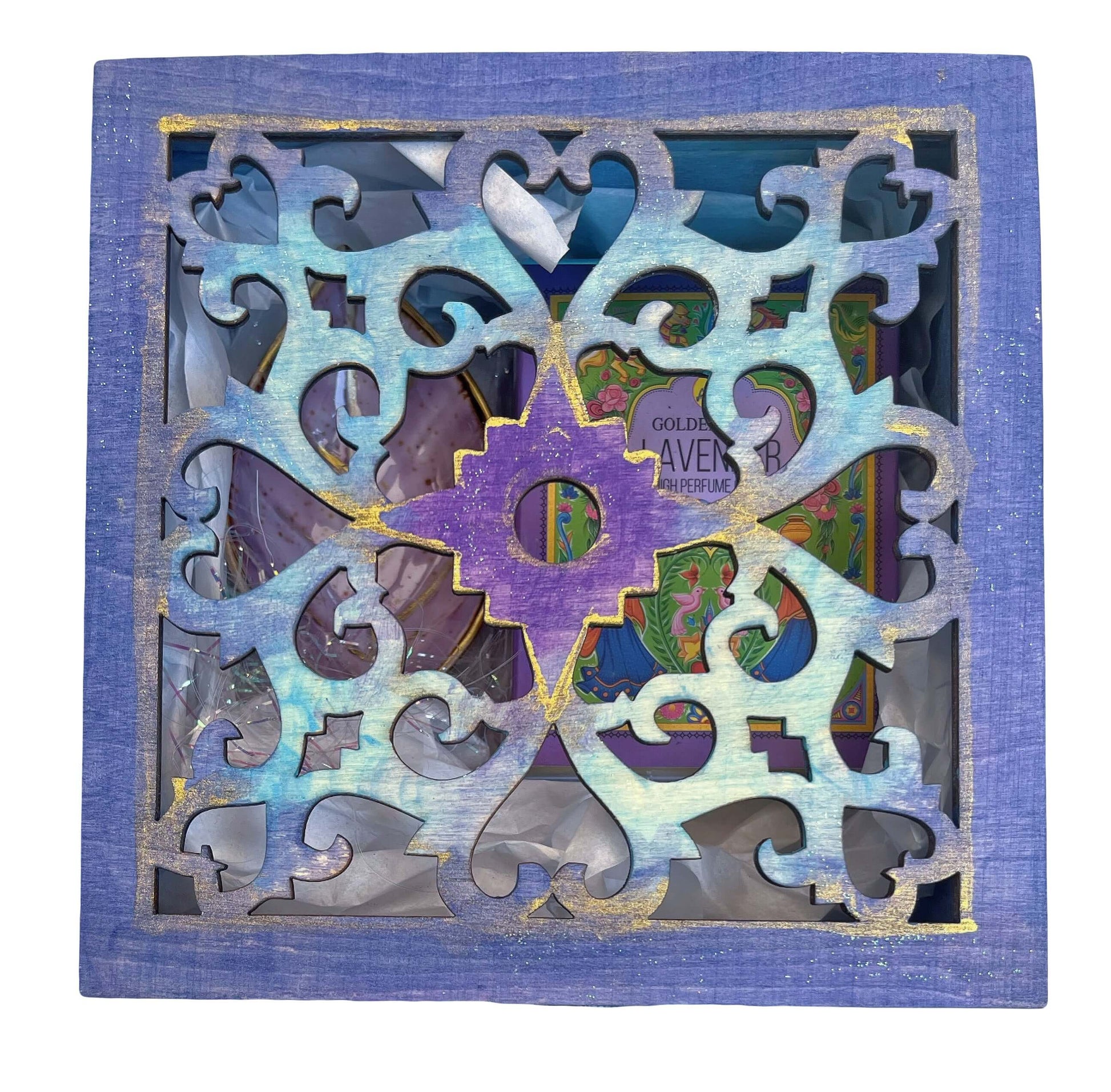 Outside view of lilac painted box, blending into turquoise shades on snowflake shape laser cut lid, metal closing clasp.