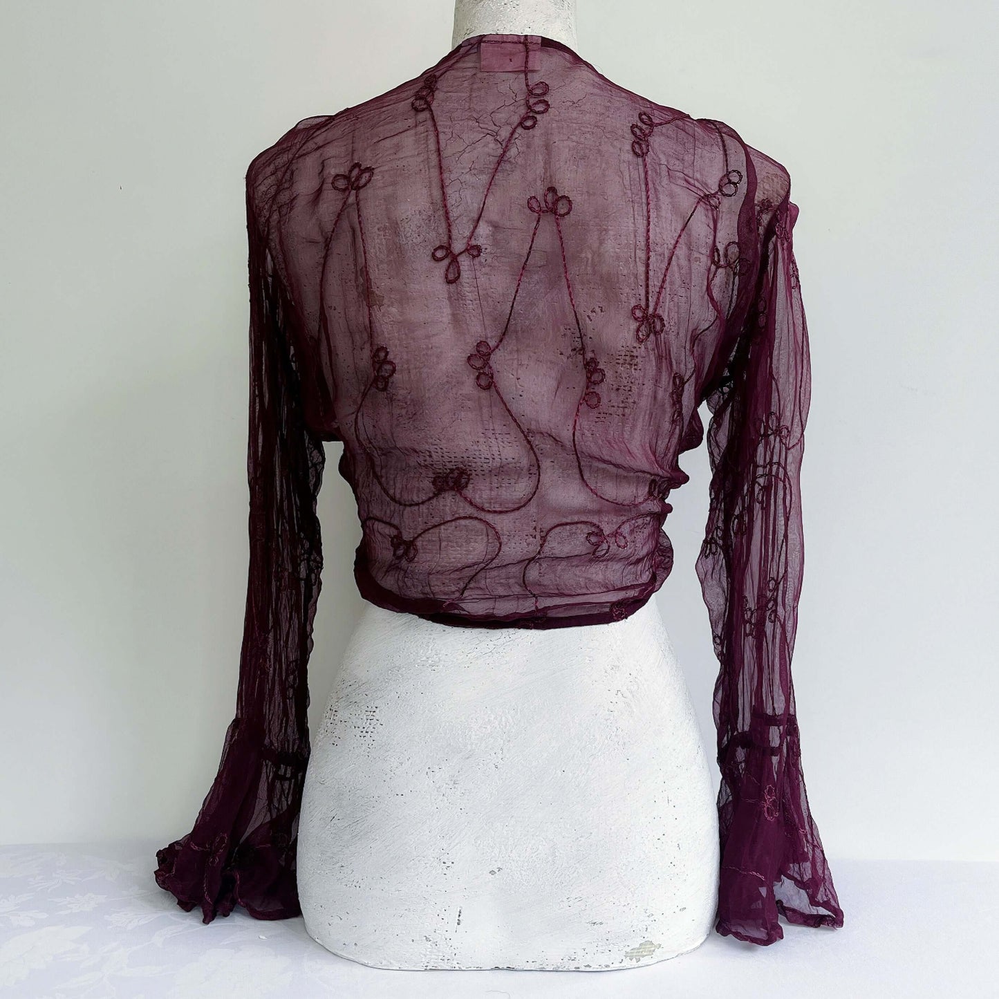 Back view of embroidered chiffon tie top, sleeves, flowing frill cuffs.