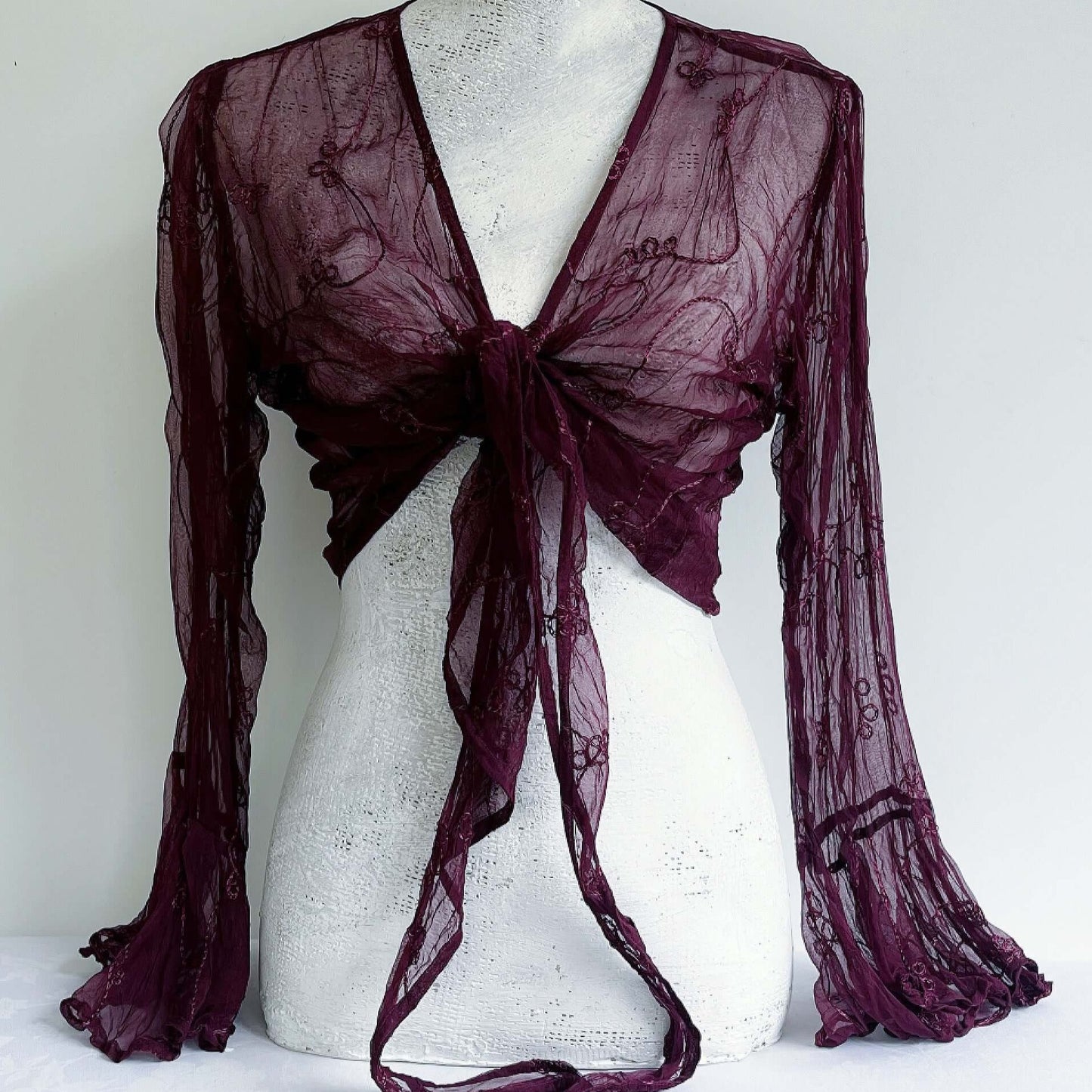 Front view of embroidered chiffon tie top, knotted in the center, long sleeves, flowing frill cuffs.