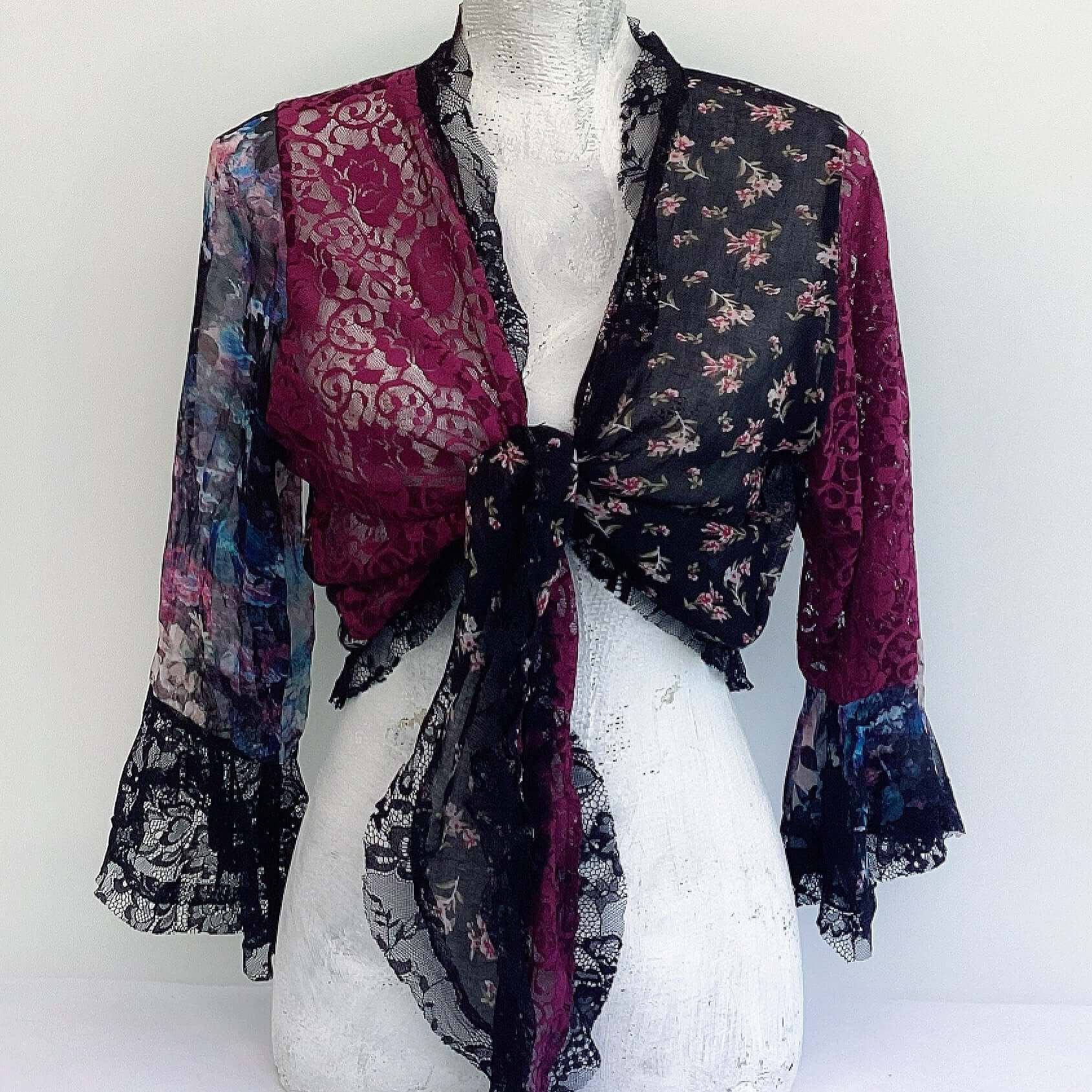 Front of tie top, plum lace left front, floral chiffon left sleeve, with floral cotton right front, plum lace right sleeve.