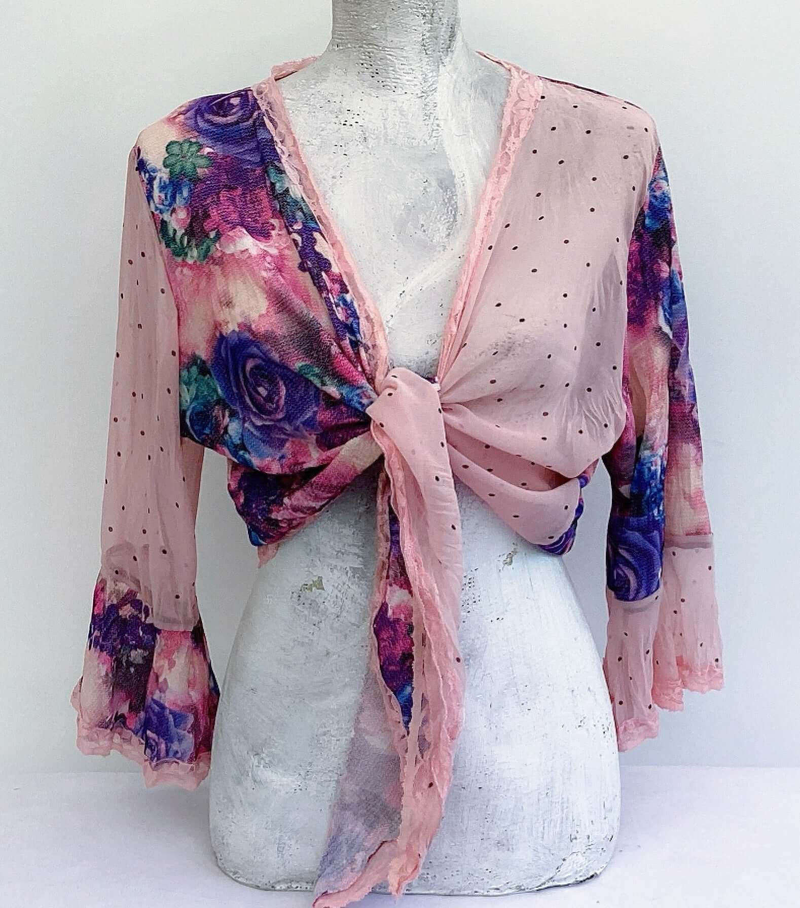 Front view of tie top floral georgette left front and right sleeve, and then pink polka dot left sleeve and right front.