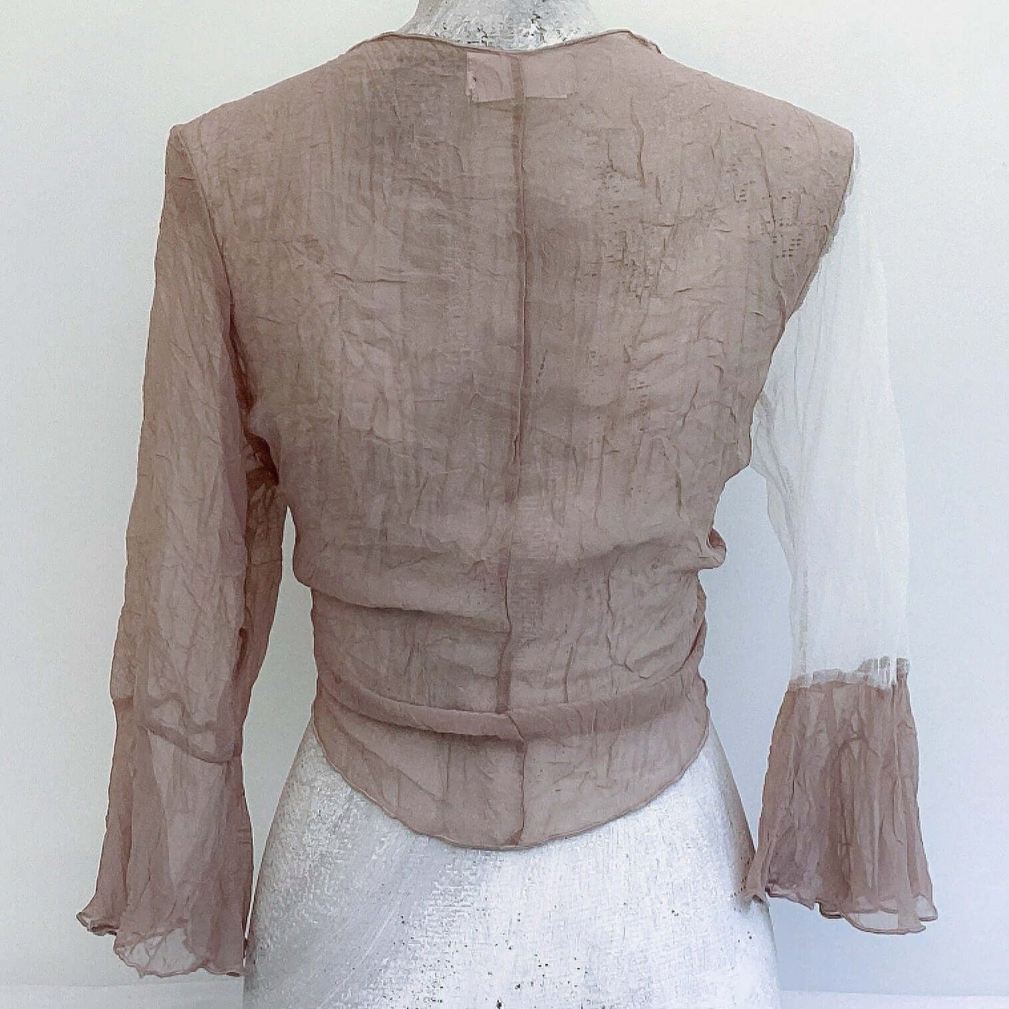 Back view of tie top, biscuit chiffon back and left sleeve, off white net right sleeve, off white net cuff.